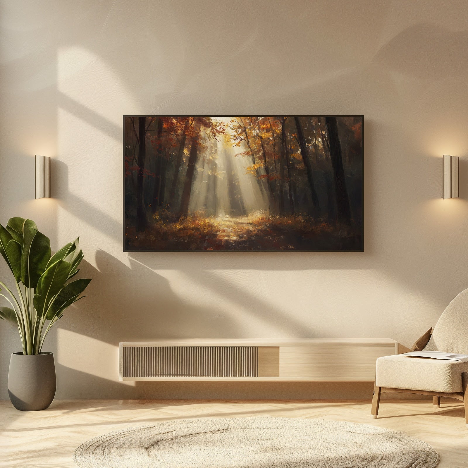 Fall Forest Frame TV Art in modern living room