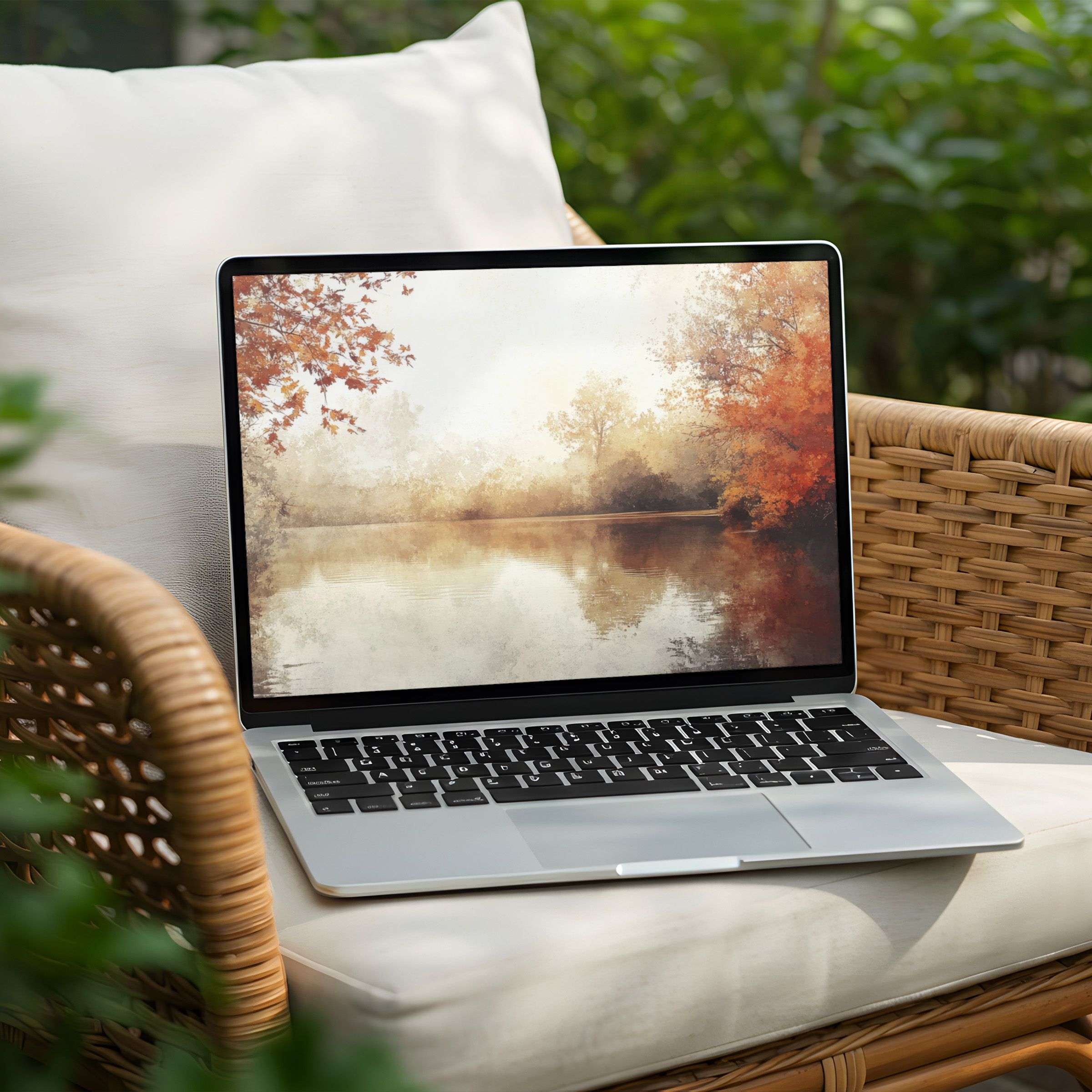 Fall desktop wallpaper featuring a serene lake surrounded by autumn trees in warm golden and orange hues, displayed on a laptop in a cozy outdoor setting - perfect for creating a peaceful and seasonal workspace