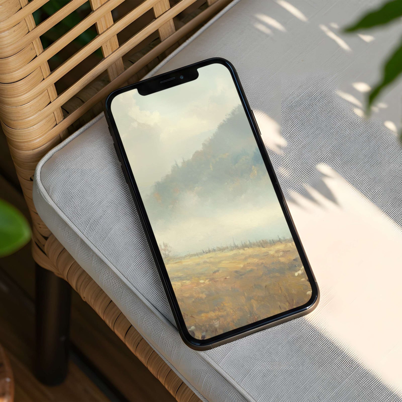 Fall phone wallpaper featuring a misty autumn valley in soft golden tones - a peaceful landscape design perfect for cozy, nature-inspired backgrounds