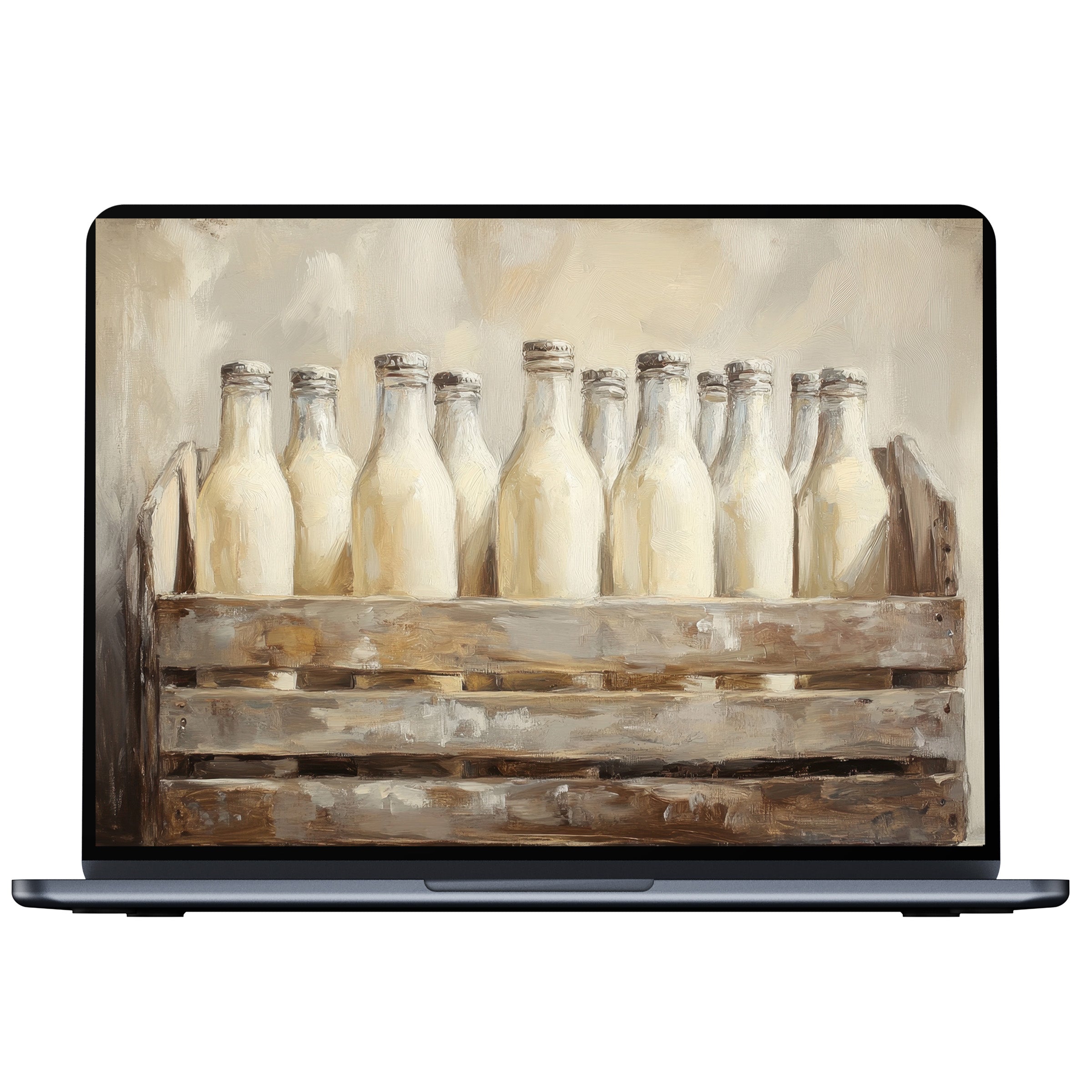 Farmhouse desktop wallpaper featuring serene bottles in a rustic crate, perfect digital download for elegant PC and laptop displays