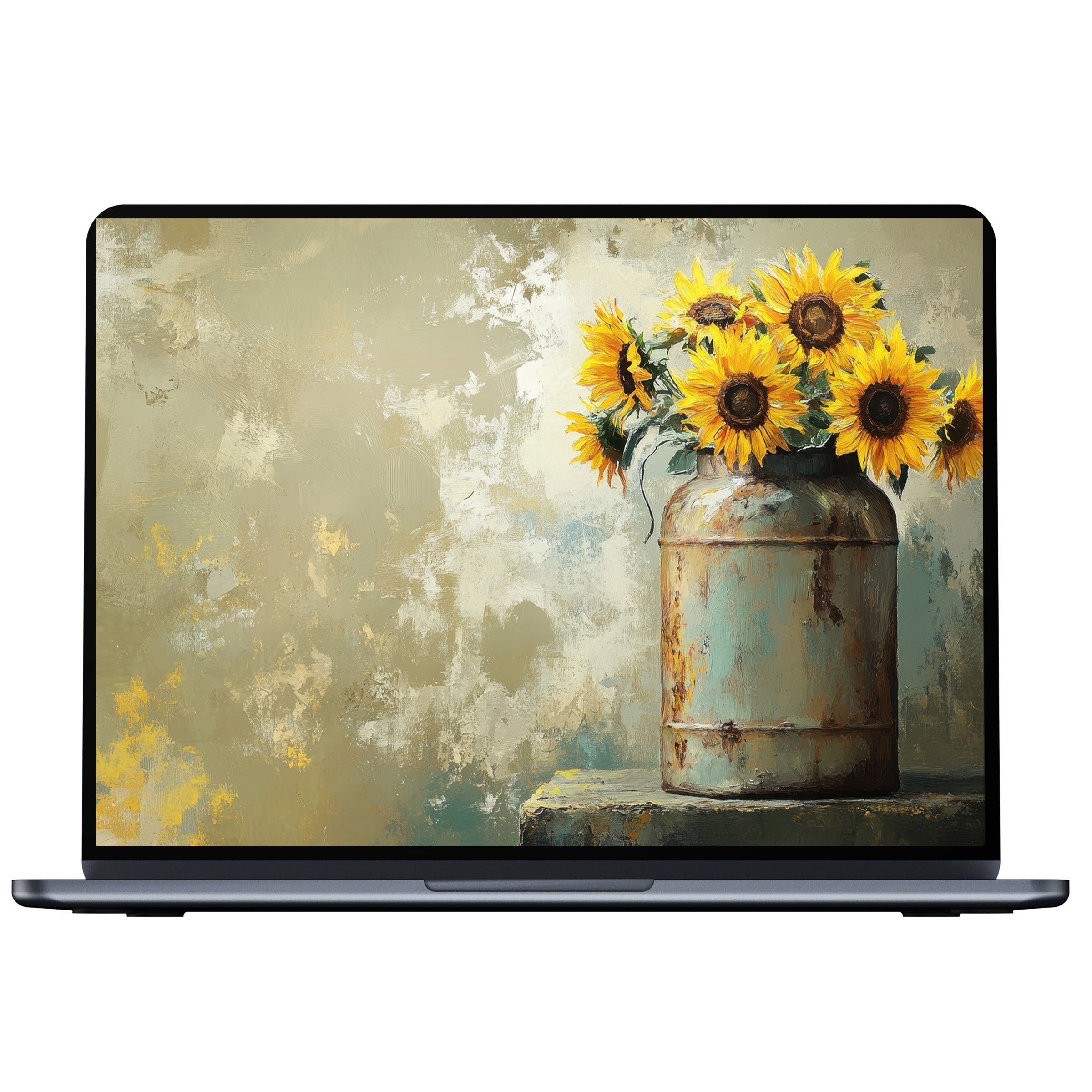 Farmhouse desktop wallpaper featuring sunflowers in a rustic vase on textured background digital download for PC and laptop