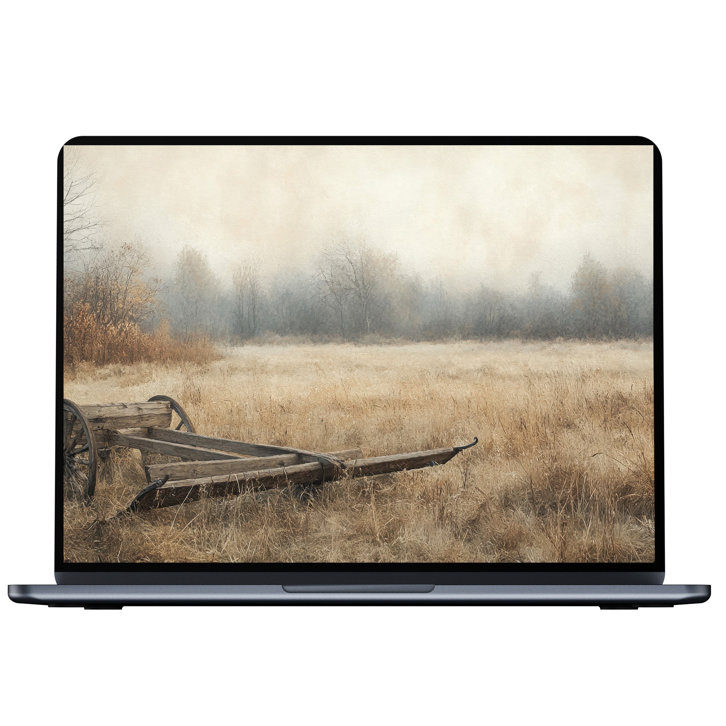 Farmhouse desktop wallpaper digital download captures a misty field with rustic cart, perfect for PC or laptop screens, inspiring calm and elegance