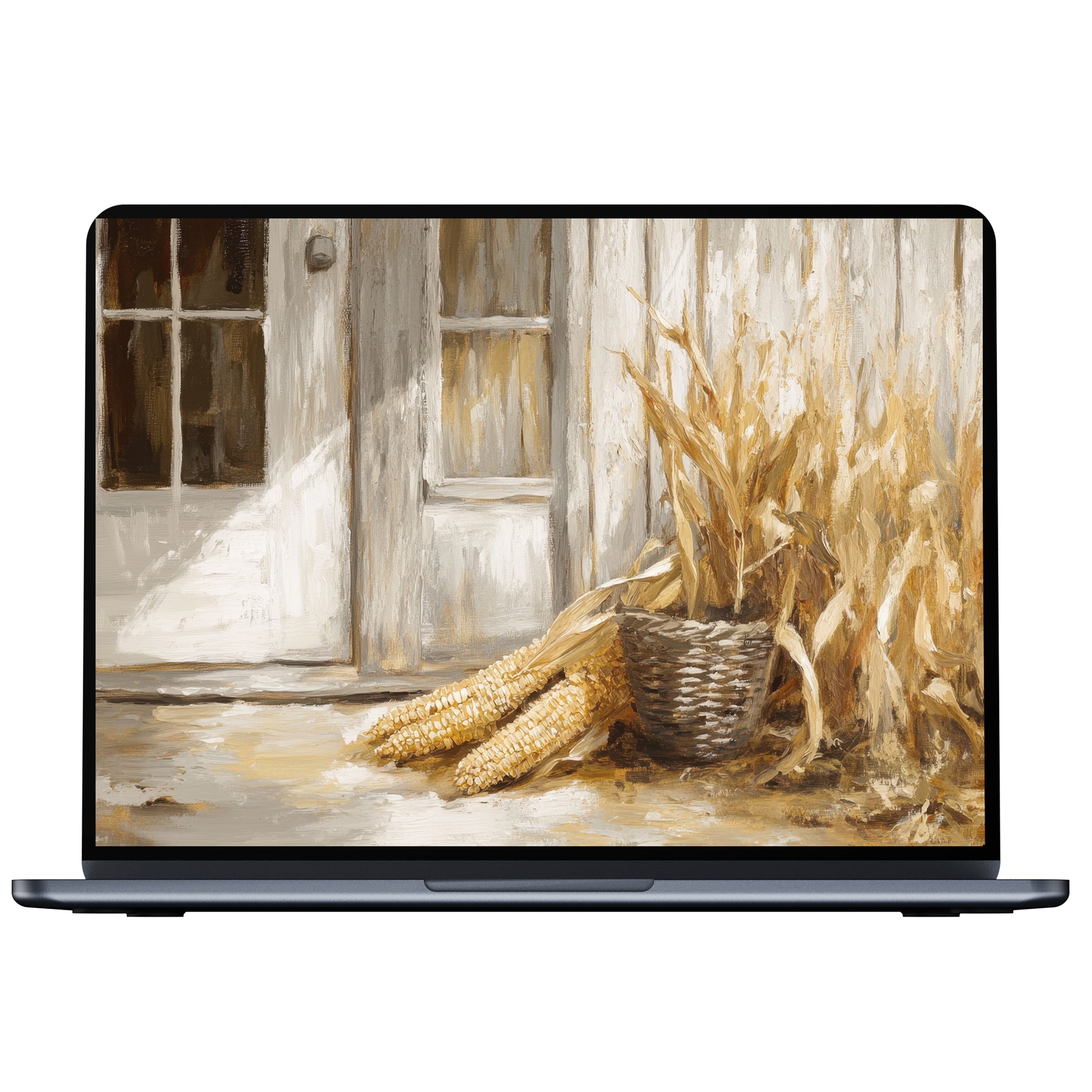 Farmhouse desktop wallpaper digital download featuring rustic corn and textures, perfect for PC, laptop, or Mac to inspire calm elegance