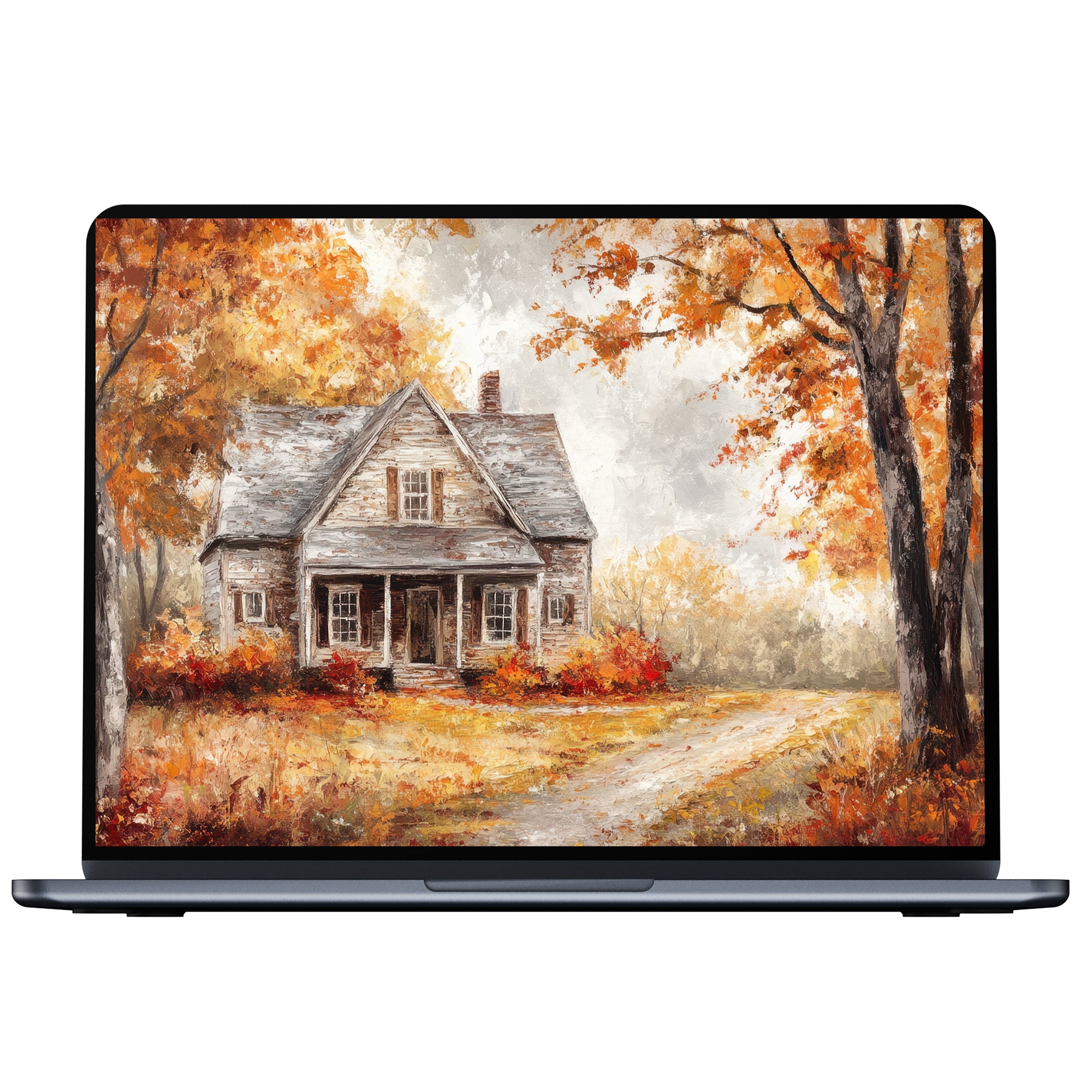 Farmhouse desktop wallpaper featuring rustic autumn scenery, perfect digital download for PC or laptop; evokes calm, elegant inspiration