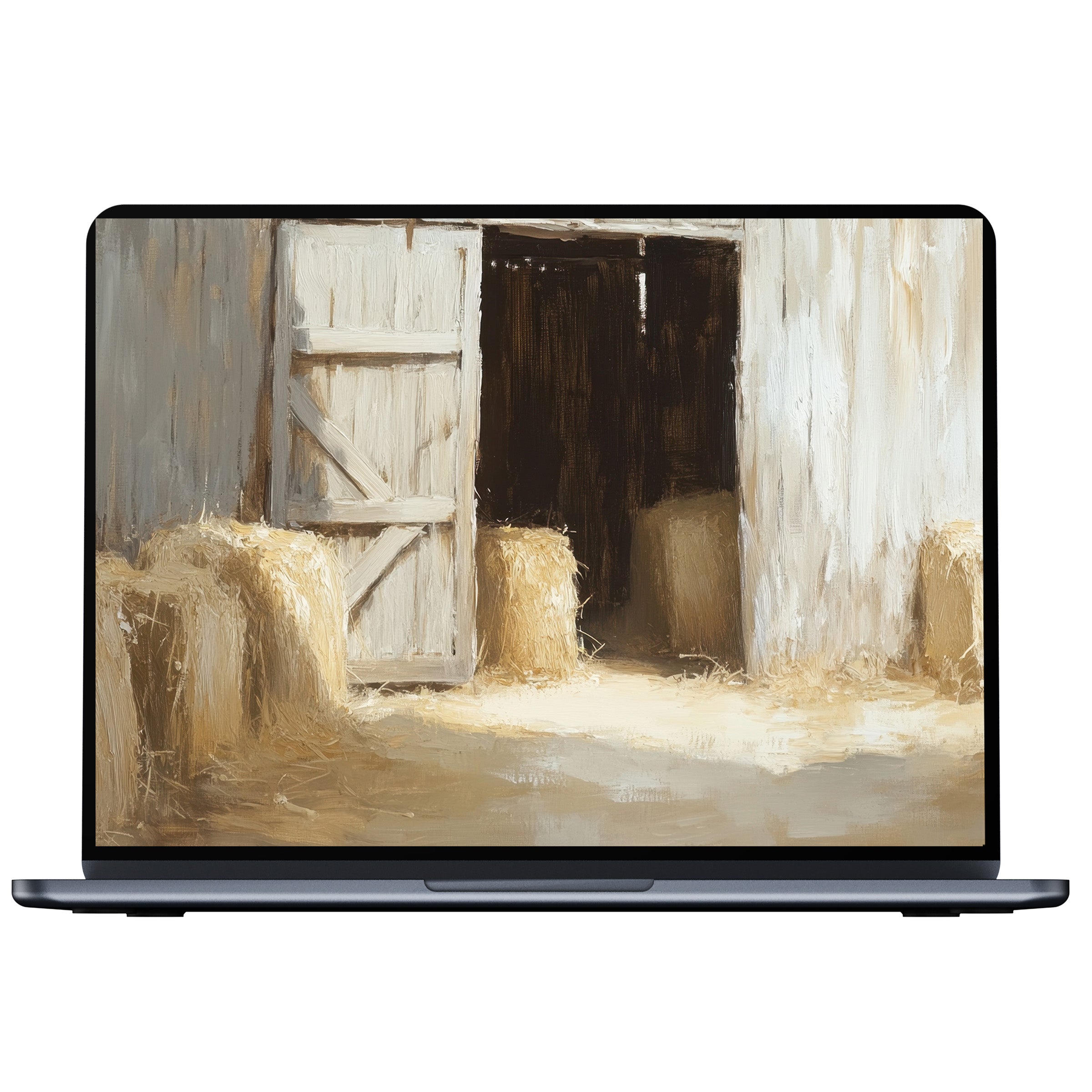 Farmhouse desktop wallpaper digital download featuring sunlit barn door and hay bales in rustic tones inspiring calm for PC and laptop