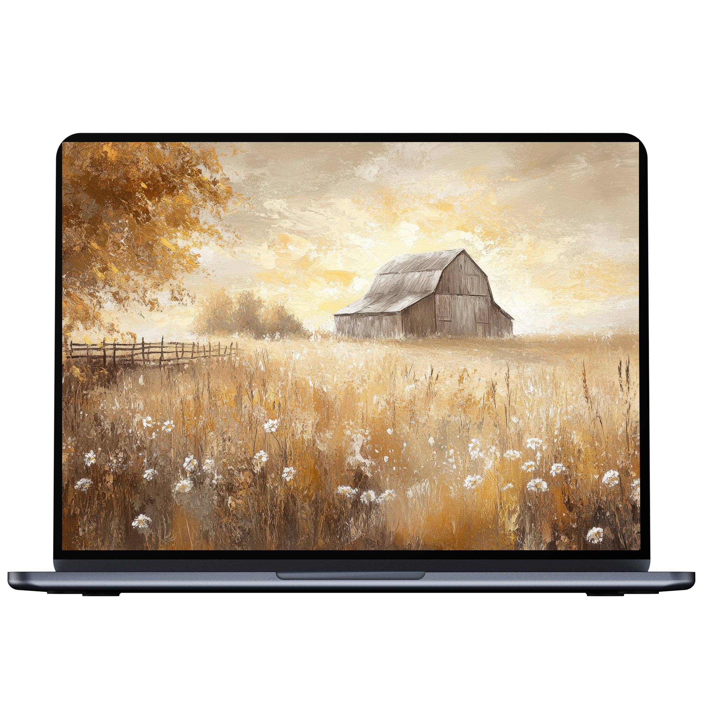 Farmhouse desktop wallpaper digital download featuring serene golden fields and rustic barn, perfect for PC, laptop, or Mac users seeking elegance
