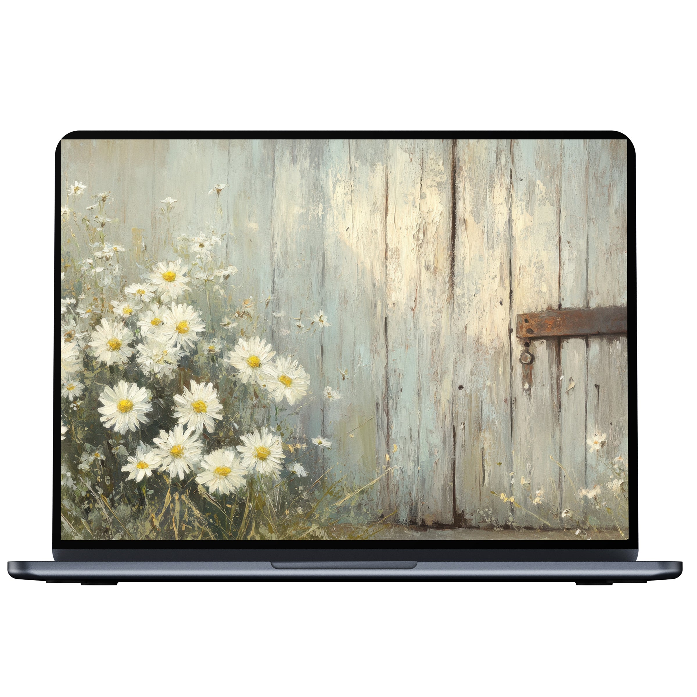 Rustic farmhouse desktop wallpaper featuring daisies against weathered wood for PC and laptop digital download serenity art