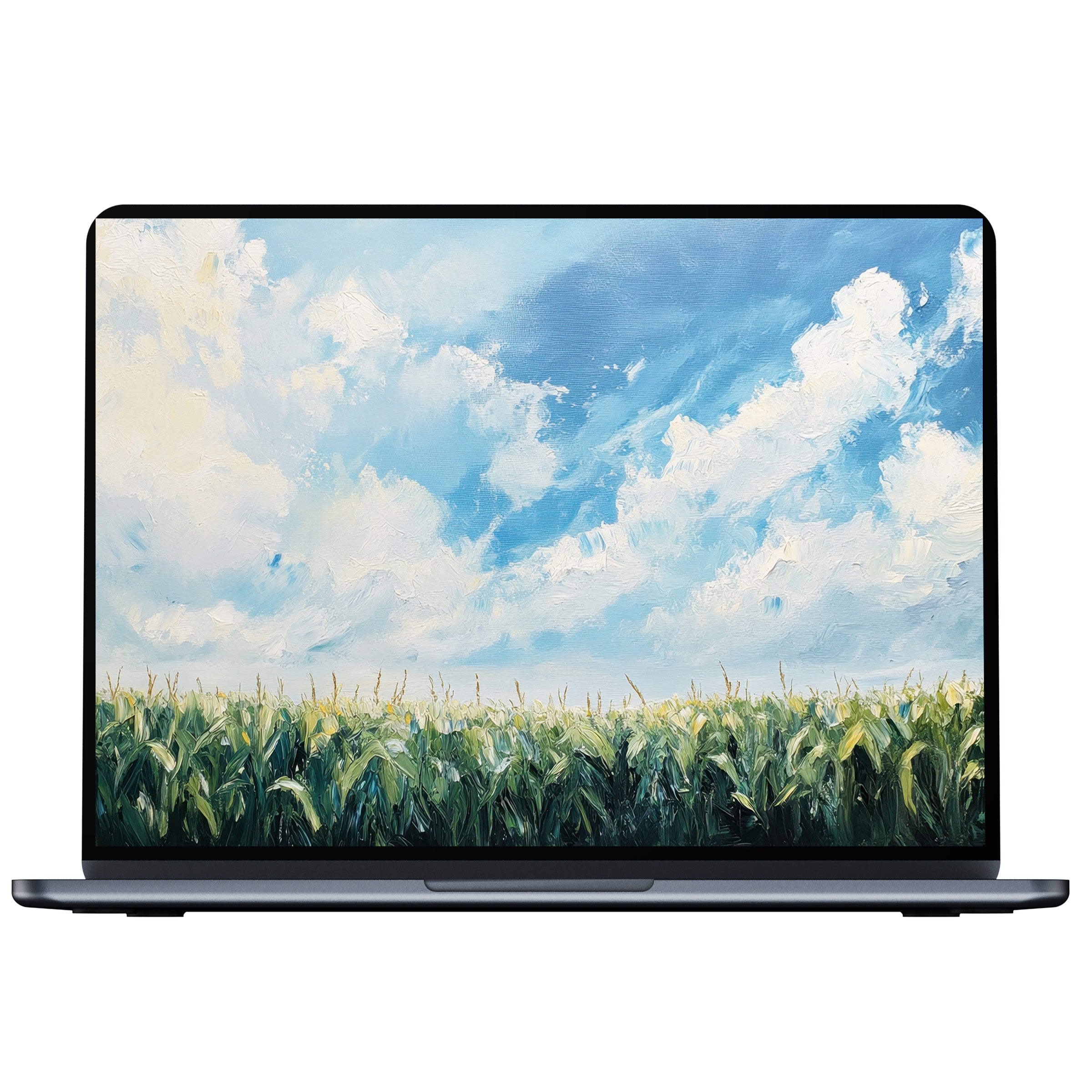 Farmhouse desktop wallpaper digital download with serene blue skies and lush fields for PC and laptop inspires calm and elegance