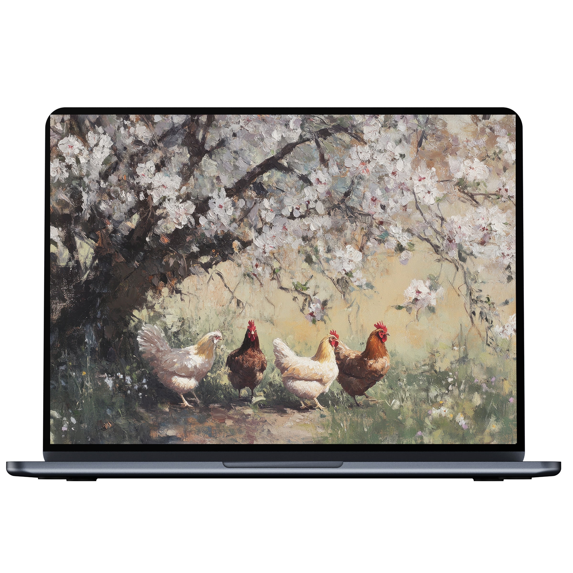 Farmhouse desktop wallpaper digital download with serene cherry blossoms and chickens in a textured oil painting for PC, Laptop, Mac