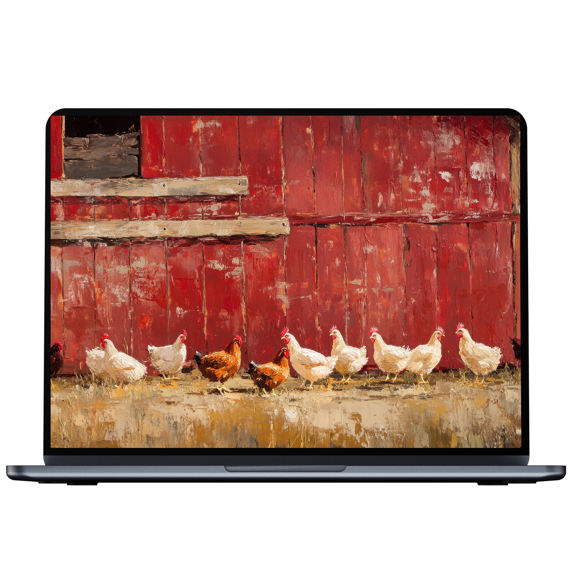 Farmhouse desktop wallpaper download featuring a rustic red barn and chickens in an inspiring digital art style for PC and laptop