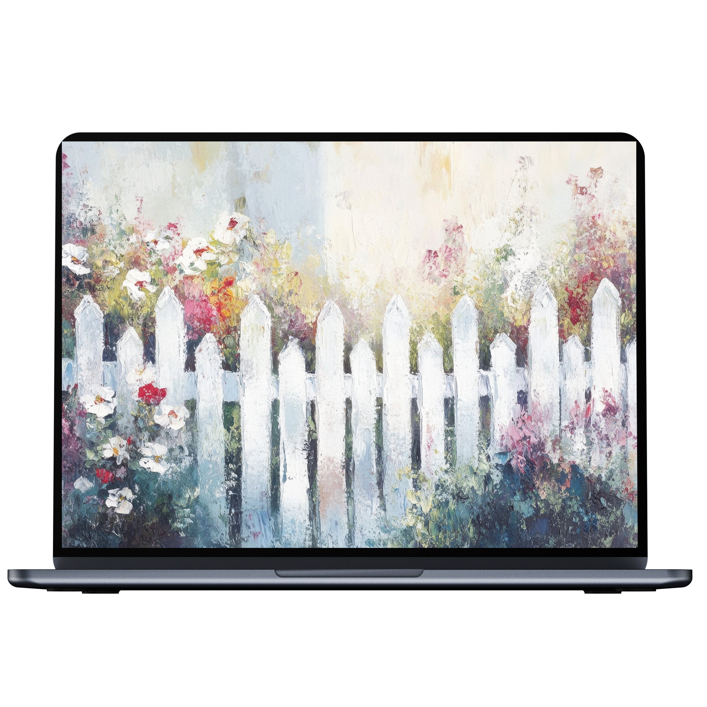 Farmhouse desktop wallpaper featuring a serene flower garden and white picket fence offers elegance and calm for PC and laptop screens