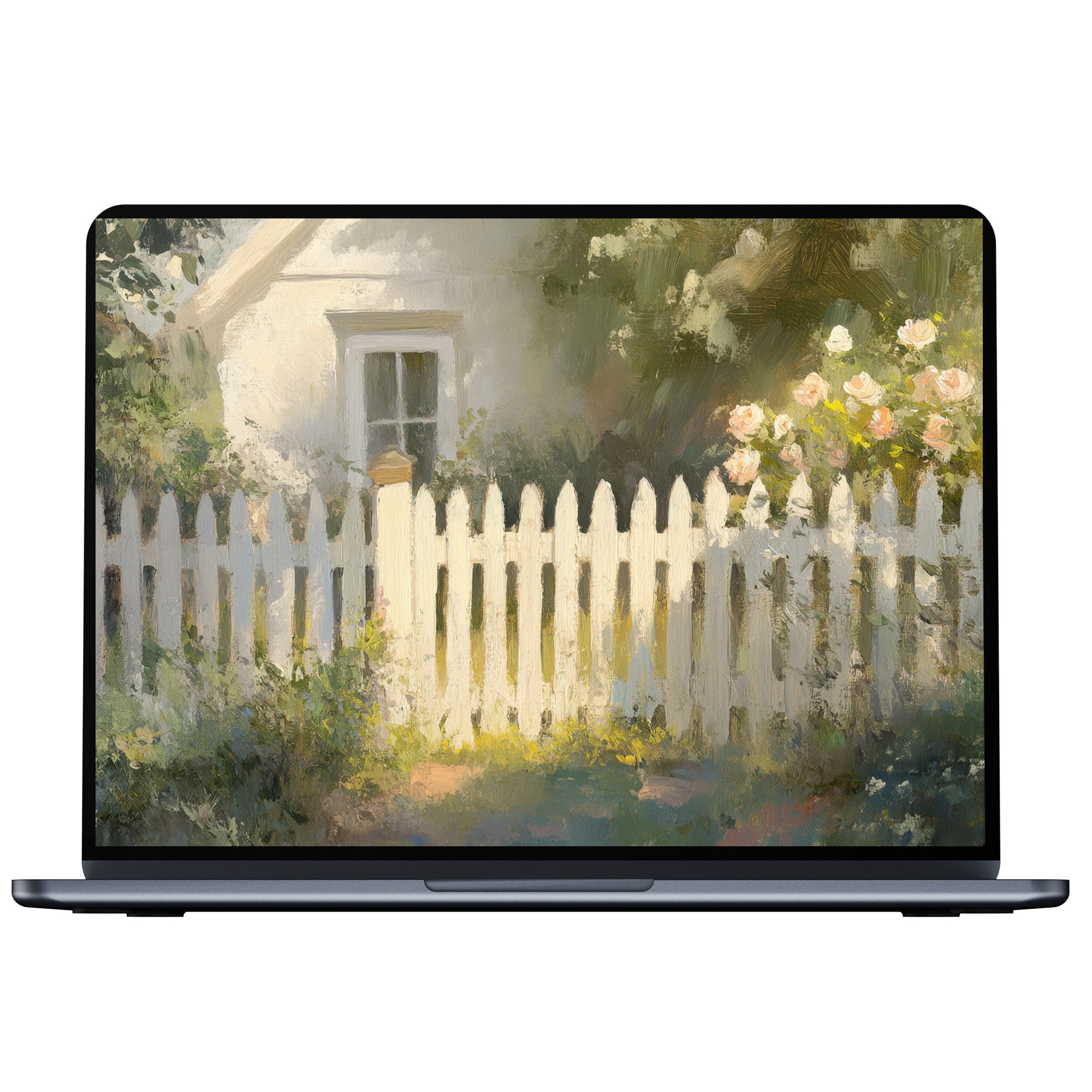 Farmhouse desktop wallpaper digital download featuring a serene white fence and floral garden in soothing colors for PC and laptop use