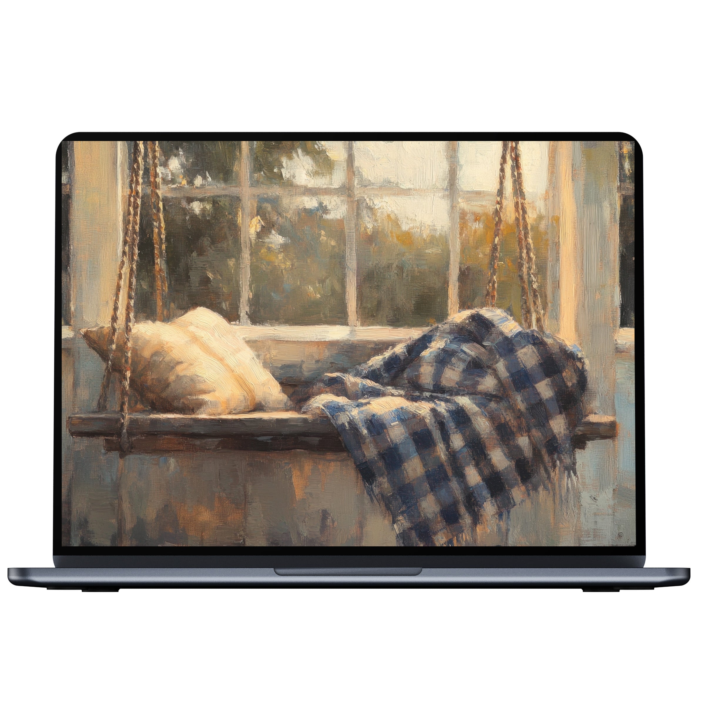 Farmhouse desktop wallpaper digital download featuring a cozy sunlit window seat with plaid blanket offers calm elegance for PC or laptop
