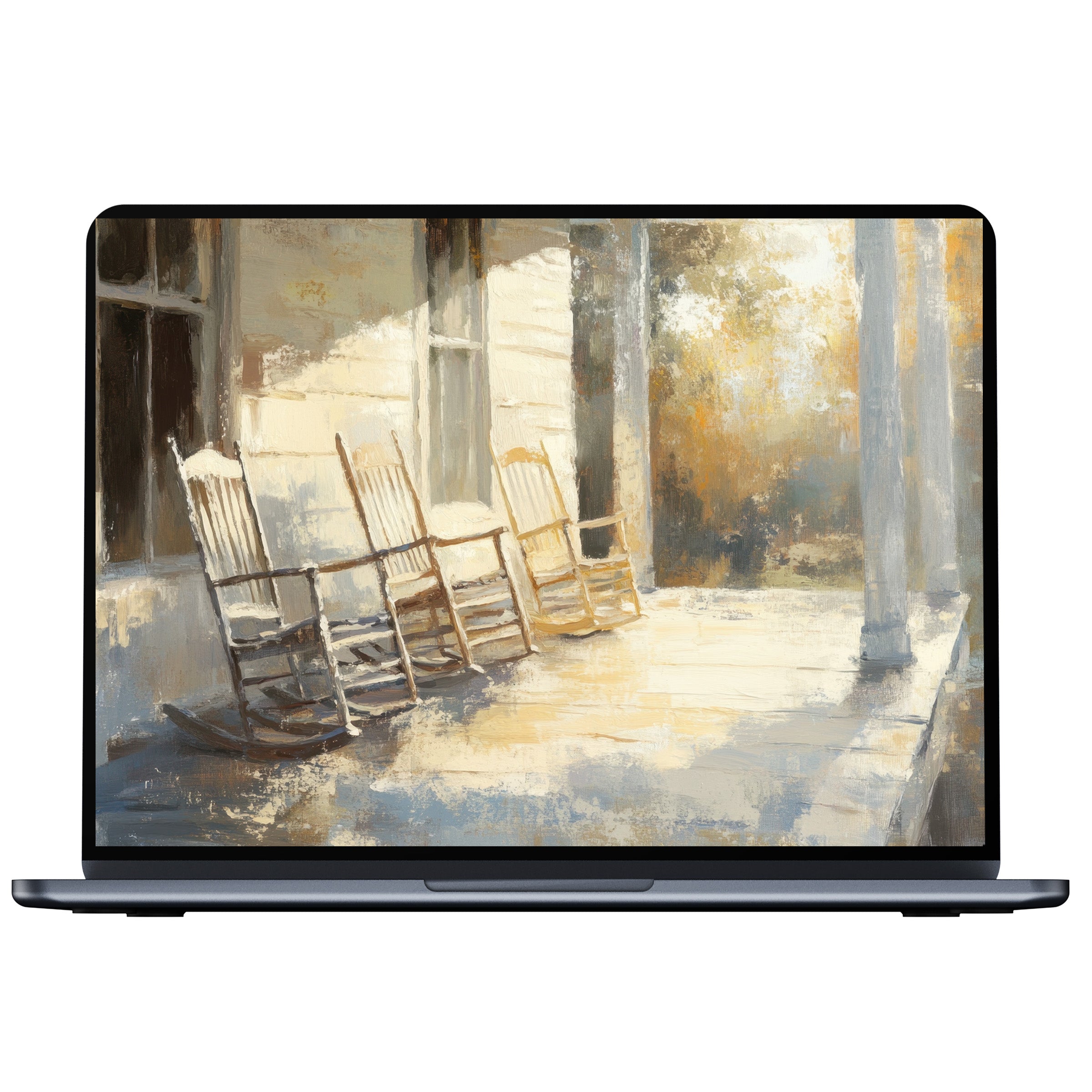 Farmhouse desktop wallpaper featuring serene rocking chairs on a sunlit porch, ideal digital download for PC, Laptop, and Mac