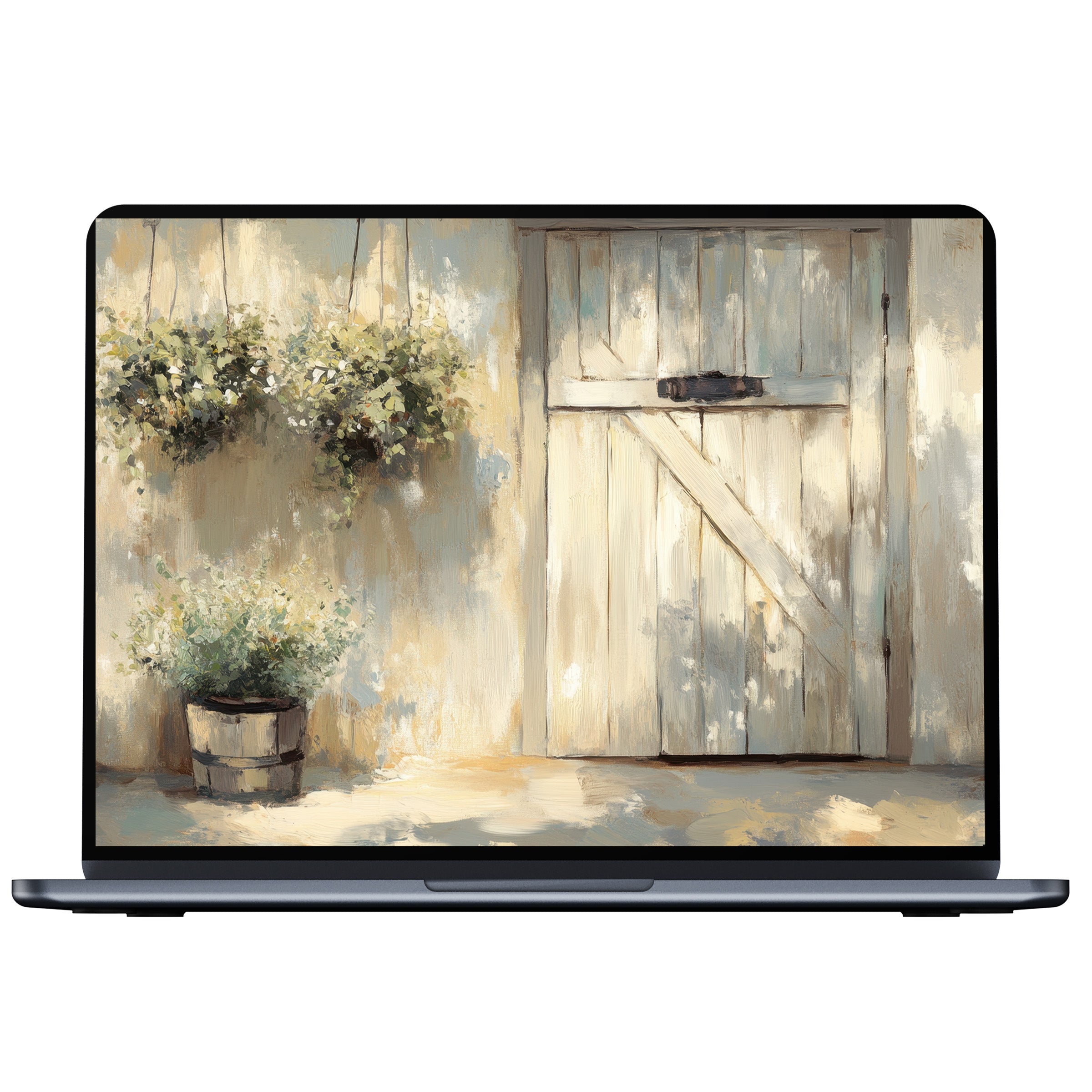 Farmhouse desktop wallpaper featuring rustic wooden door and serene garden foliage, perfect digital download for PC, Laptop, or Mac use