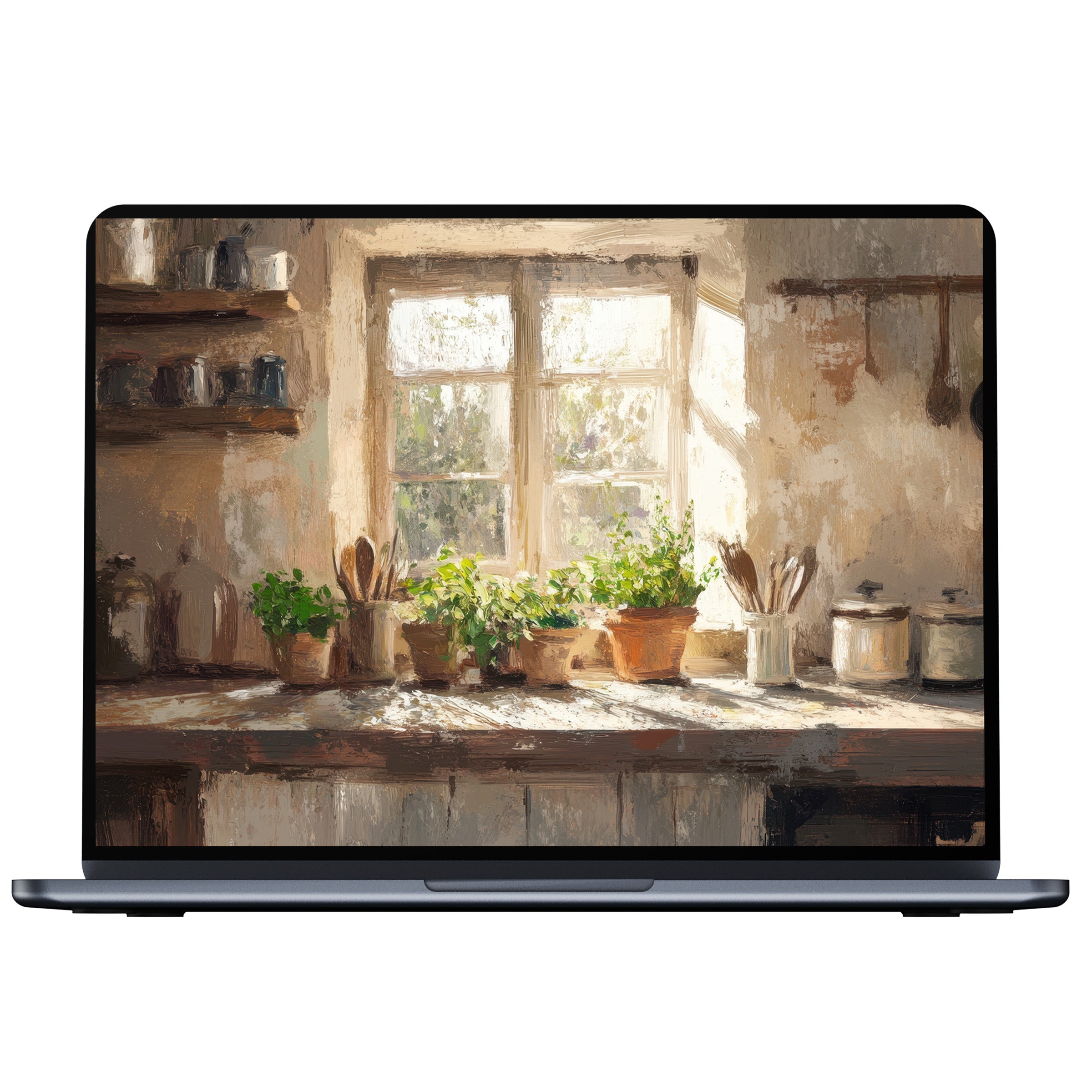 Farmhouse desktop wallpaper digital download features sunlit herbs on a rustic windowsill perfect for PC or laptop use inspiring calm