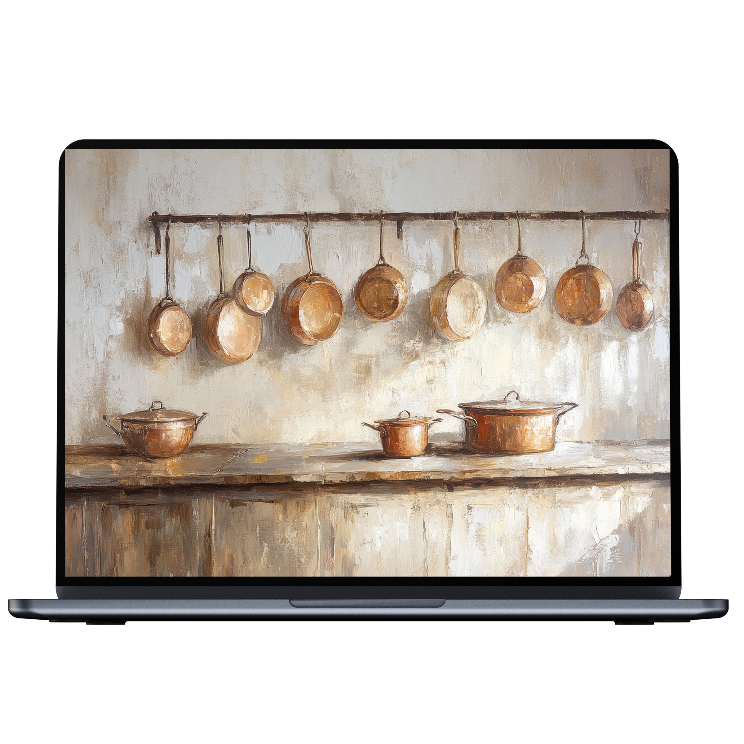 Elegant farmhouse desktop wallpaper showcasing rustic copper pots on textured walls, ideal digital download for PC or laptop ambiance
