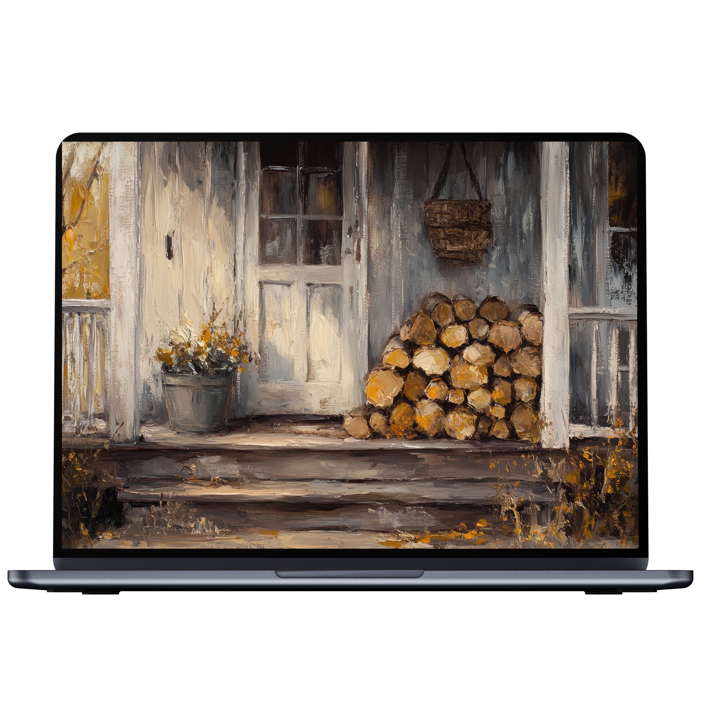 Farmhouse desktop wallpaper digital download featuring serene rustic porch with stacked logs and flowers, perfect for PC or laptop tranquility