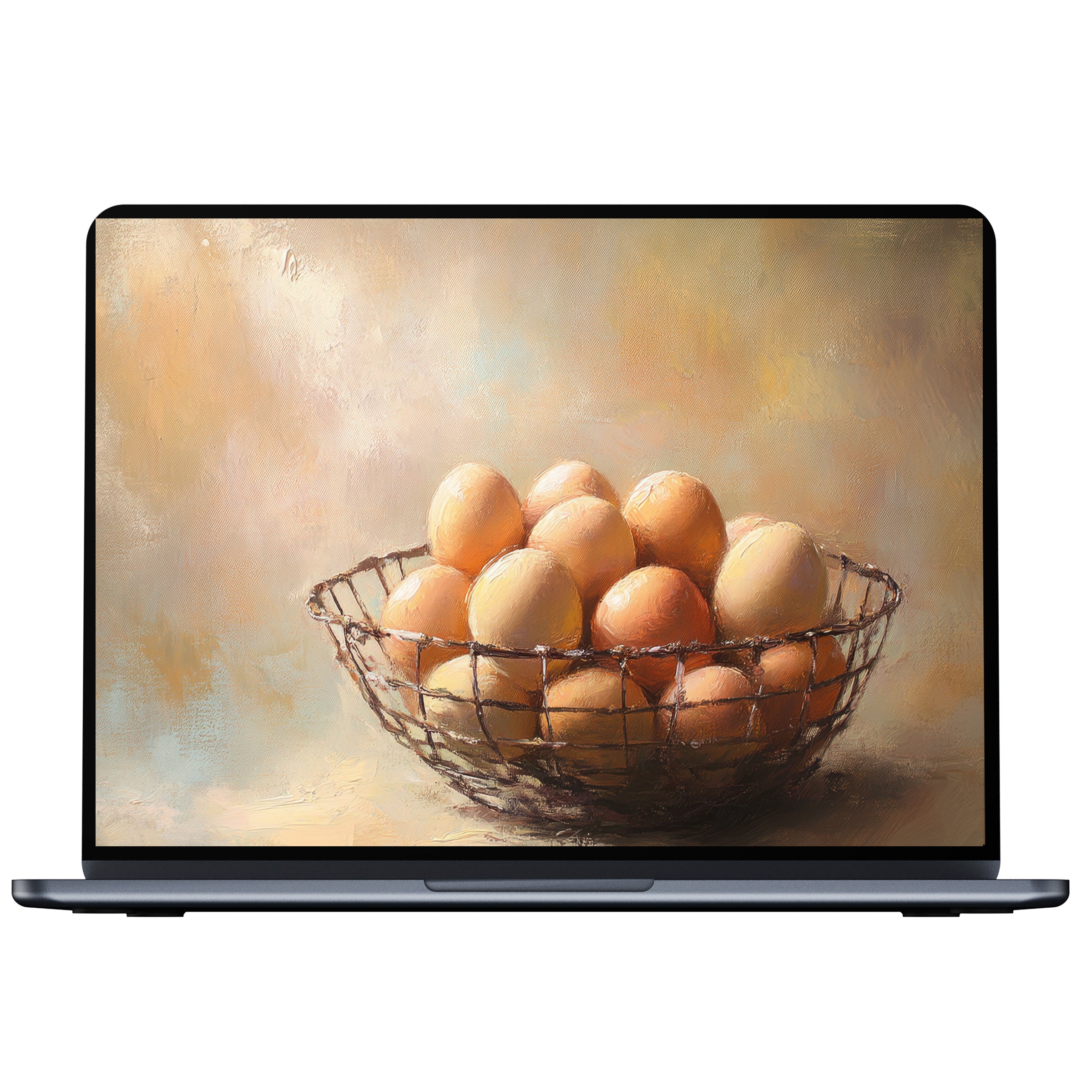 Farmhouse desktop wallpaper digital download featuring a serene basket of eggs in warm tones, perfect for PC and laptop elegance