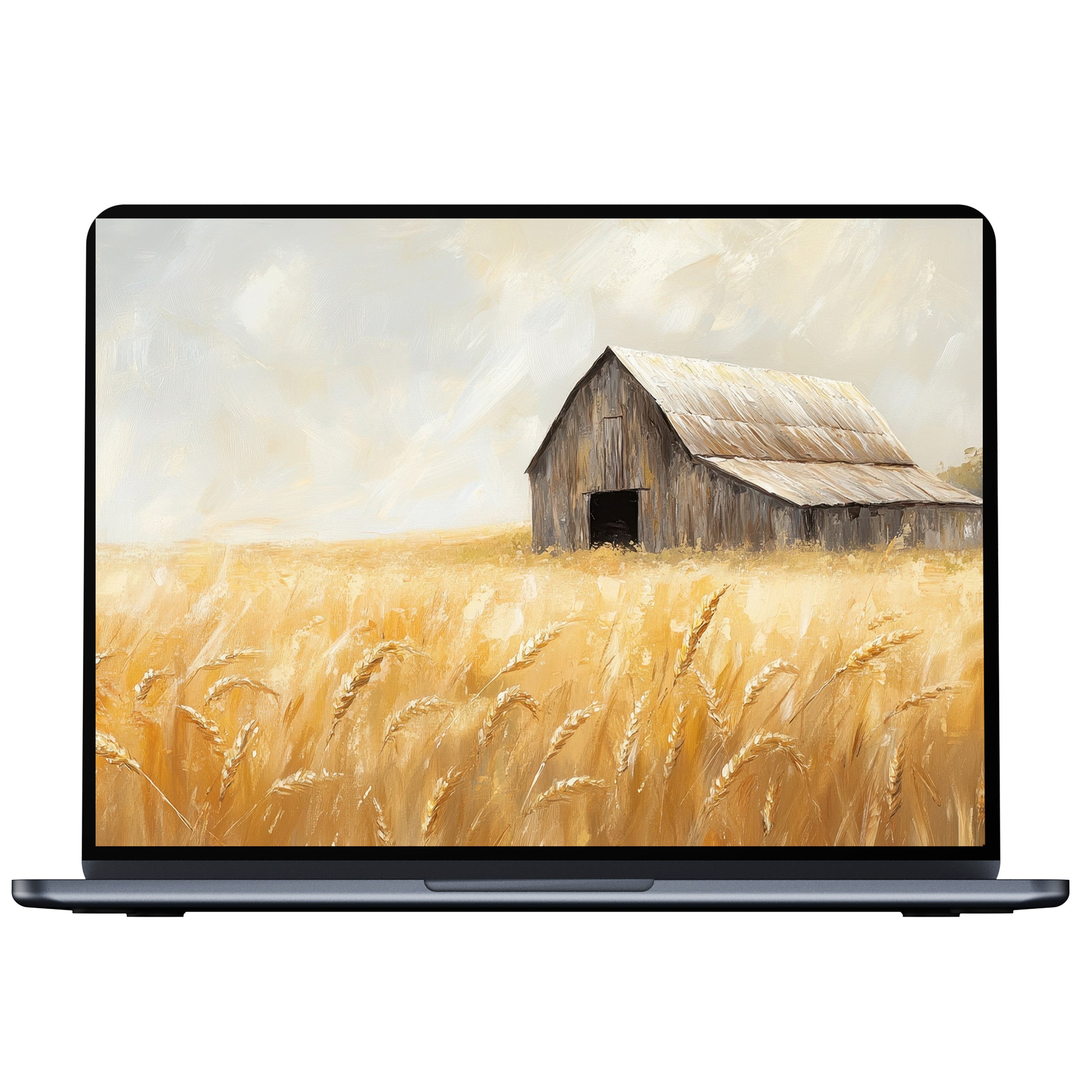 Farmhouse desktop wallpaper digital download featuring a serene barn and golden fields in soft tones ideal for PC or laptop screens