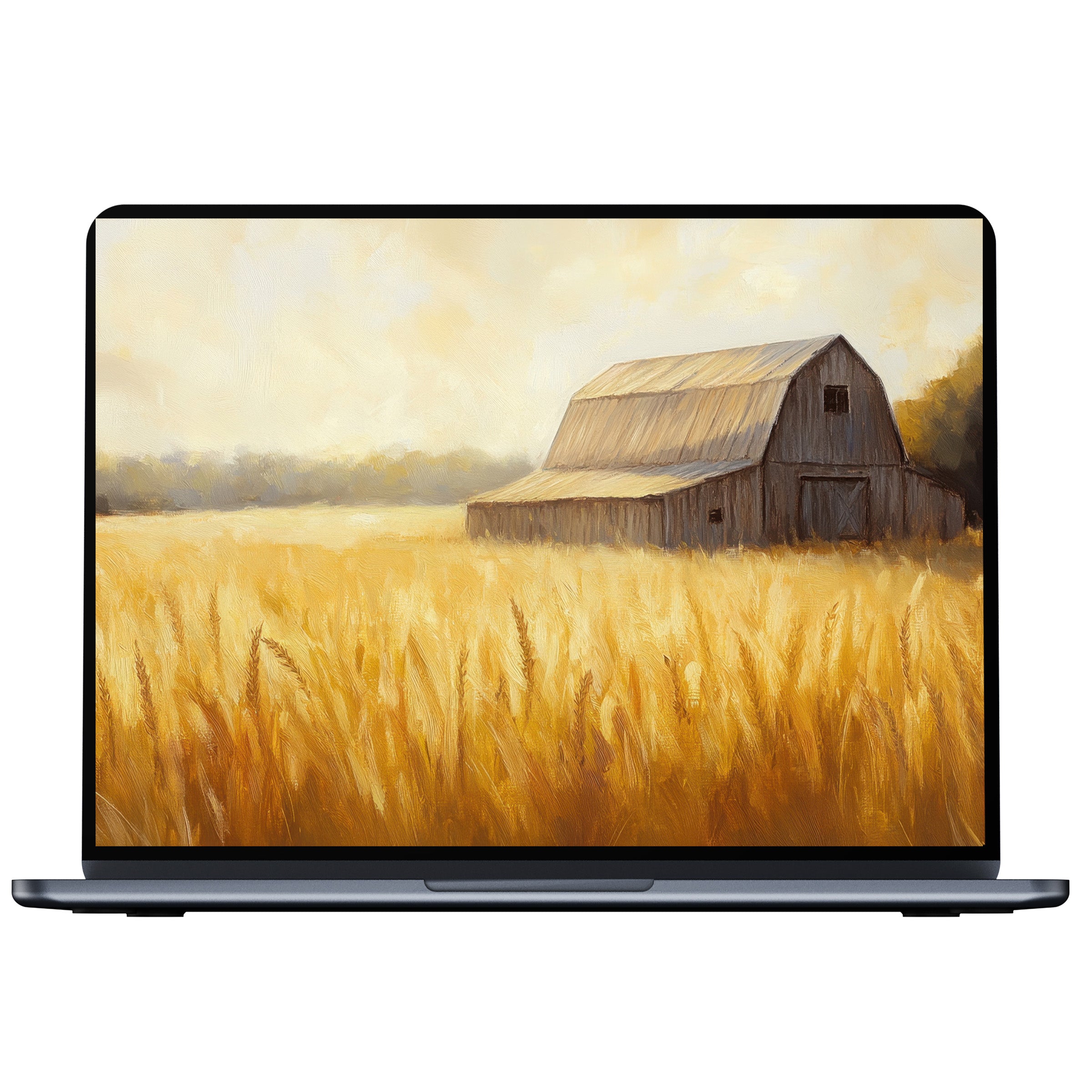 Farmhouse desktop wallpaper digital download features a serene barn in a golden field, offering rustic elegance for PC, laptop backgrounds