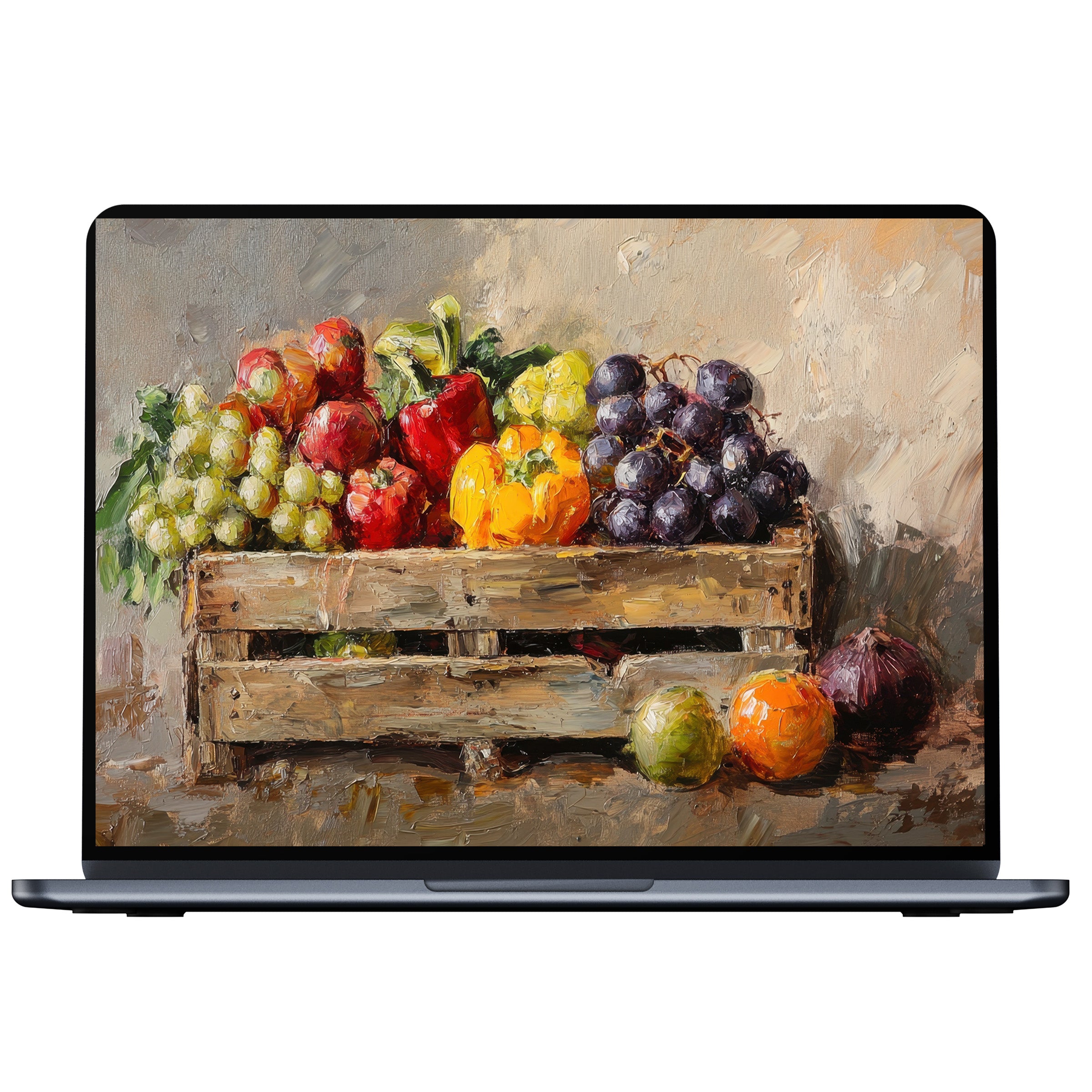 Farmhouse desktop wallpaper with rustic fruit still life offers elegance and calm for PC and laptop digital download usage