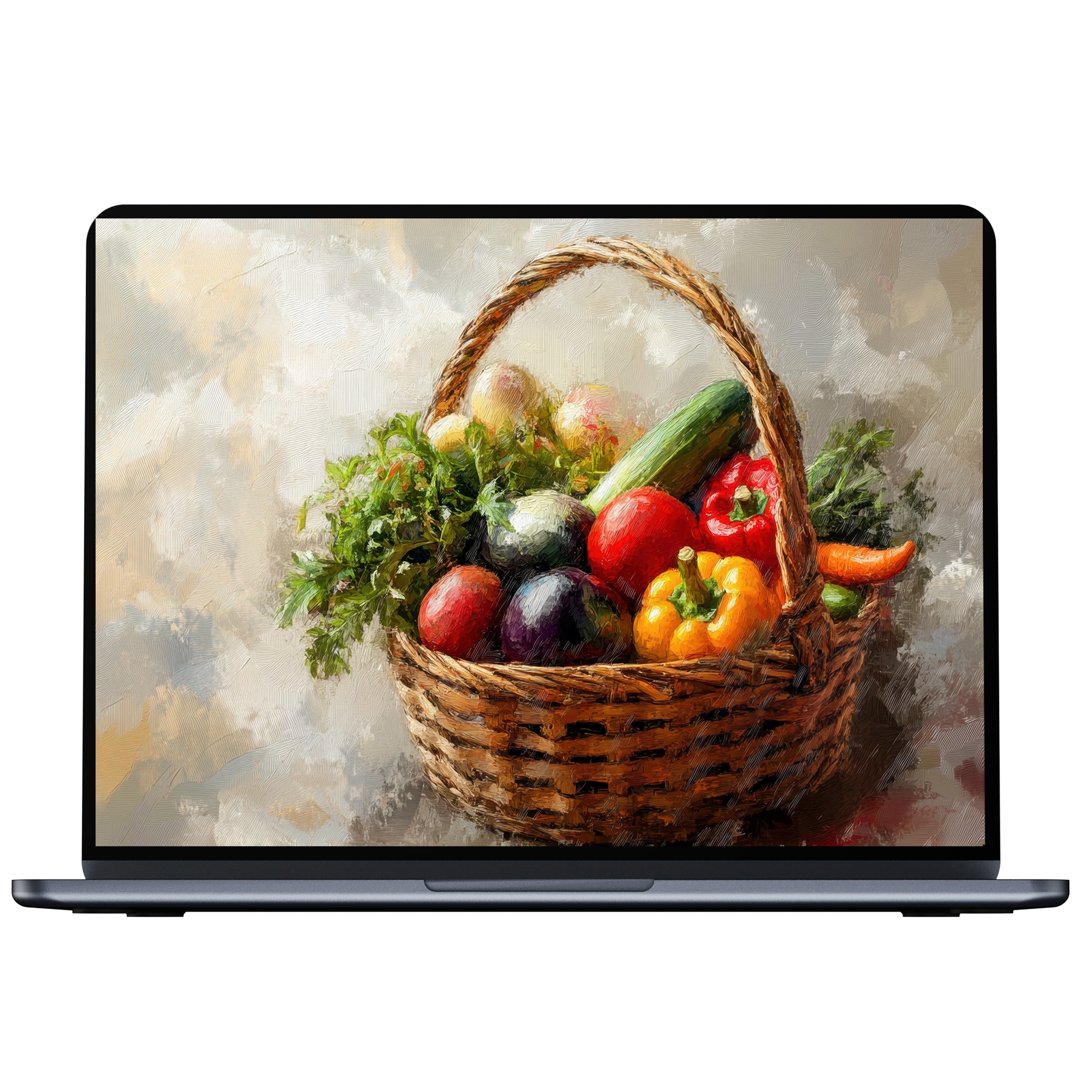 Farmhouse desktop wallpaper featuring vibrant basket of vegetables evokes calm elegance for any PC or laptop digital download