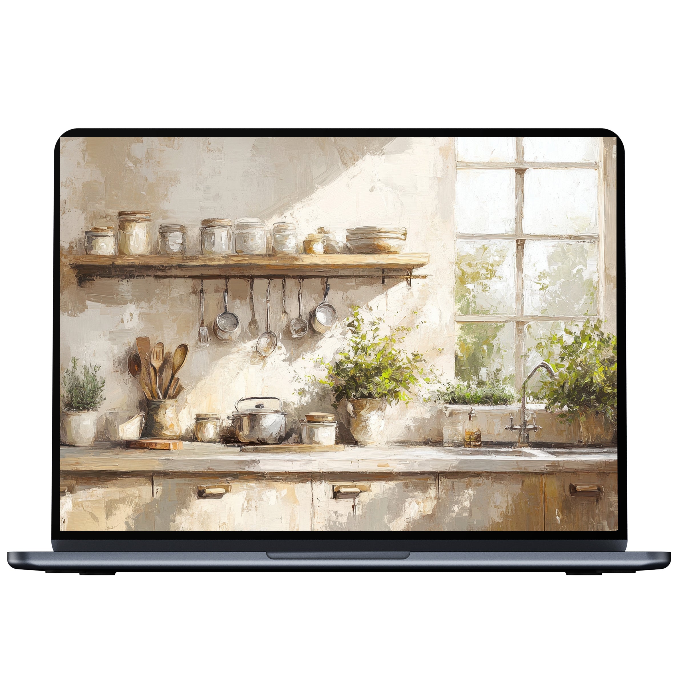 Farmhouse desktop wallpaper digital download for PC and laptop featuring serene kitchen scene with warm tones and lush greenery