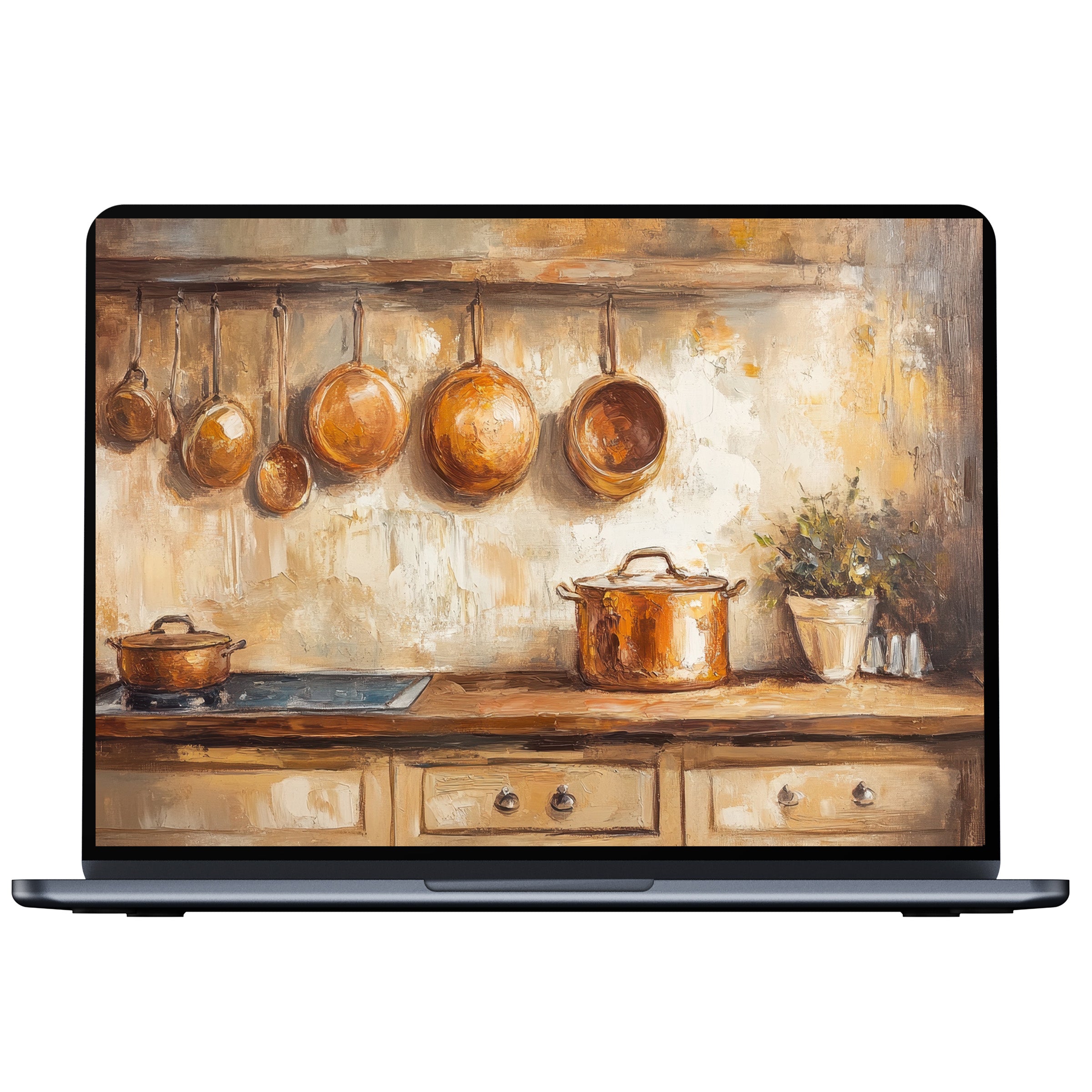 Elegant farmhouse desktop wallpaper featuring warm tones of rustic kitchen art for digital download, perfect for PC or laptop use