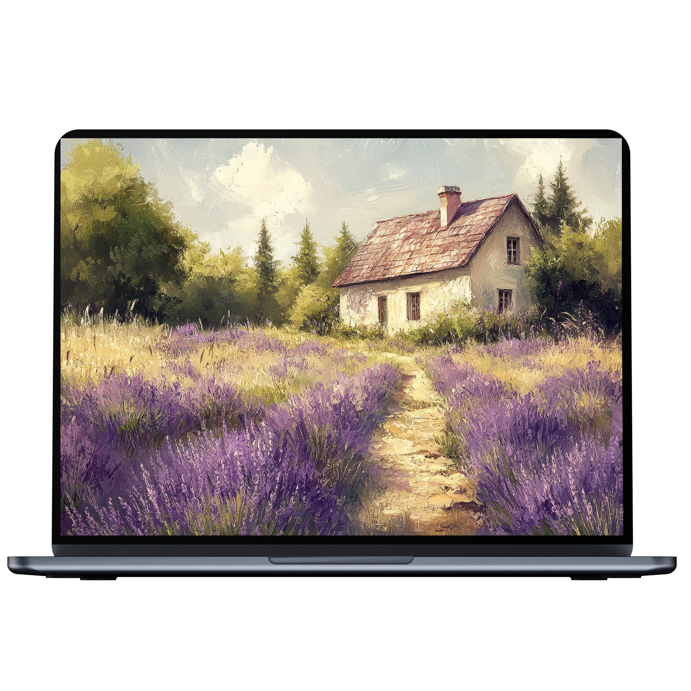 Farmhouse desktop wallpaper digital download features a serene lavender field and cottage, perfect for inspiring calm on PC or laptop screens