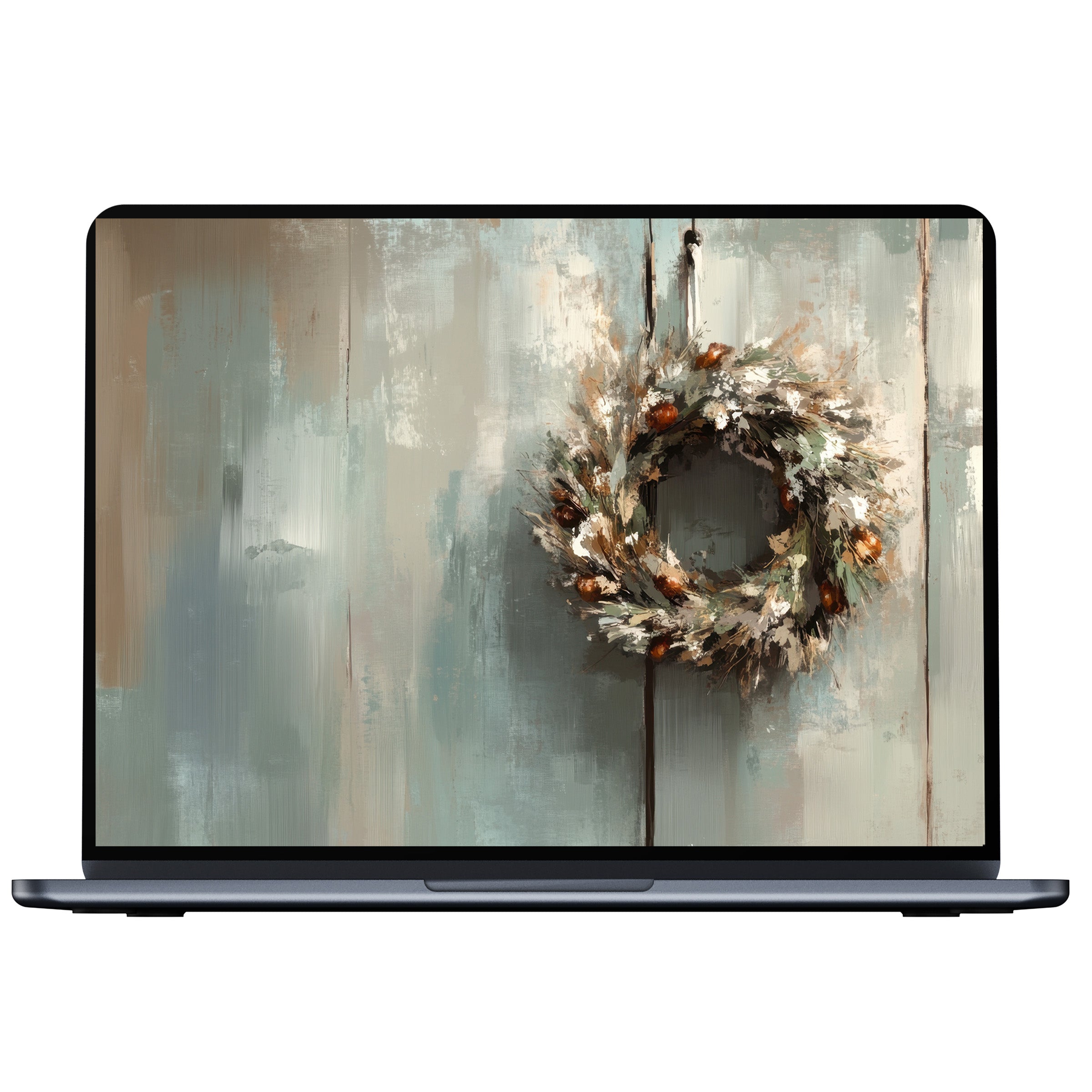 Farmhouse desktop wallpaper in soft, rustic tones with a wreath evokes calm and inspiration for digital download on PC and laptop
