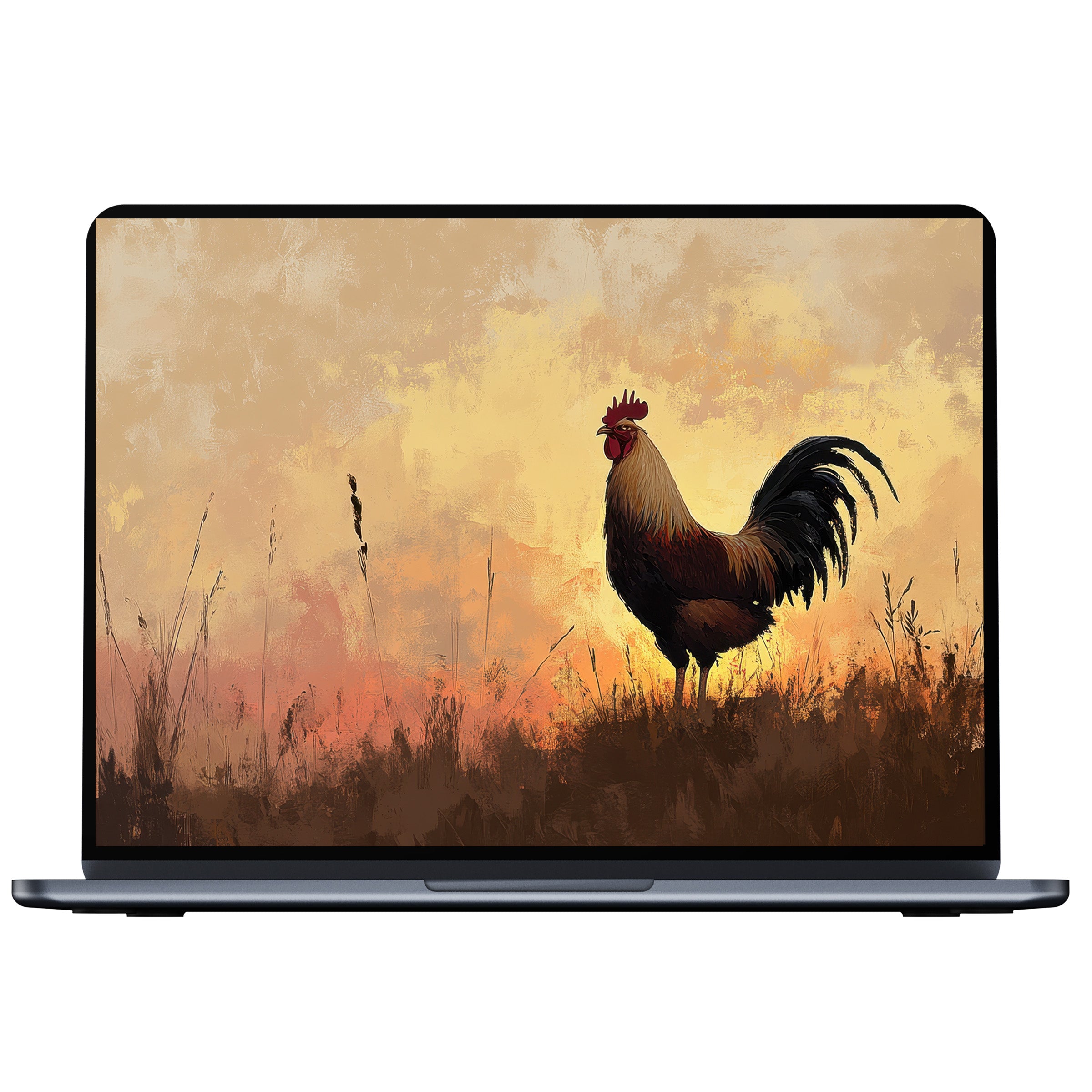 Farmhouse desktop wallpaper digital download featuring a majestic rooster at sunrise brings calm and elegance to your PC or laptop screen