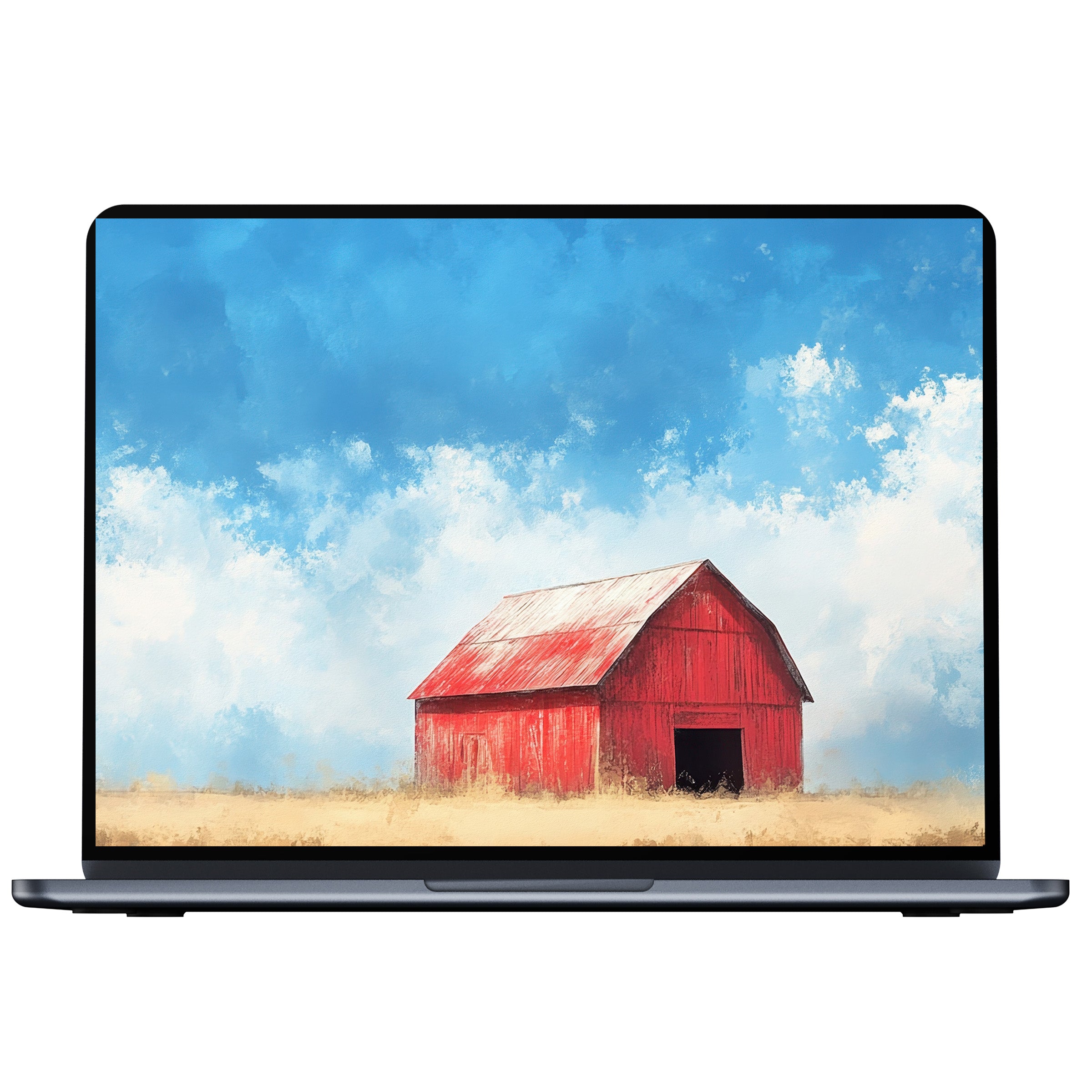 Farmhouse desktop wallpaper digital download featuring a rustic red barn under a serene blue sky perfect fit for PC and laptop screens
