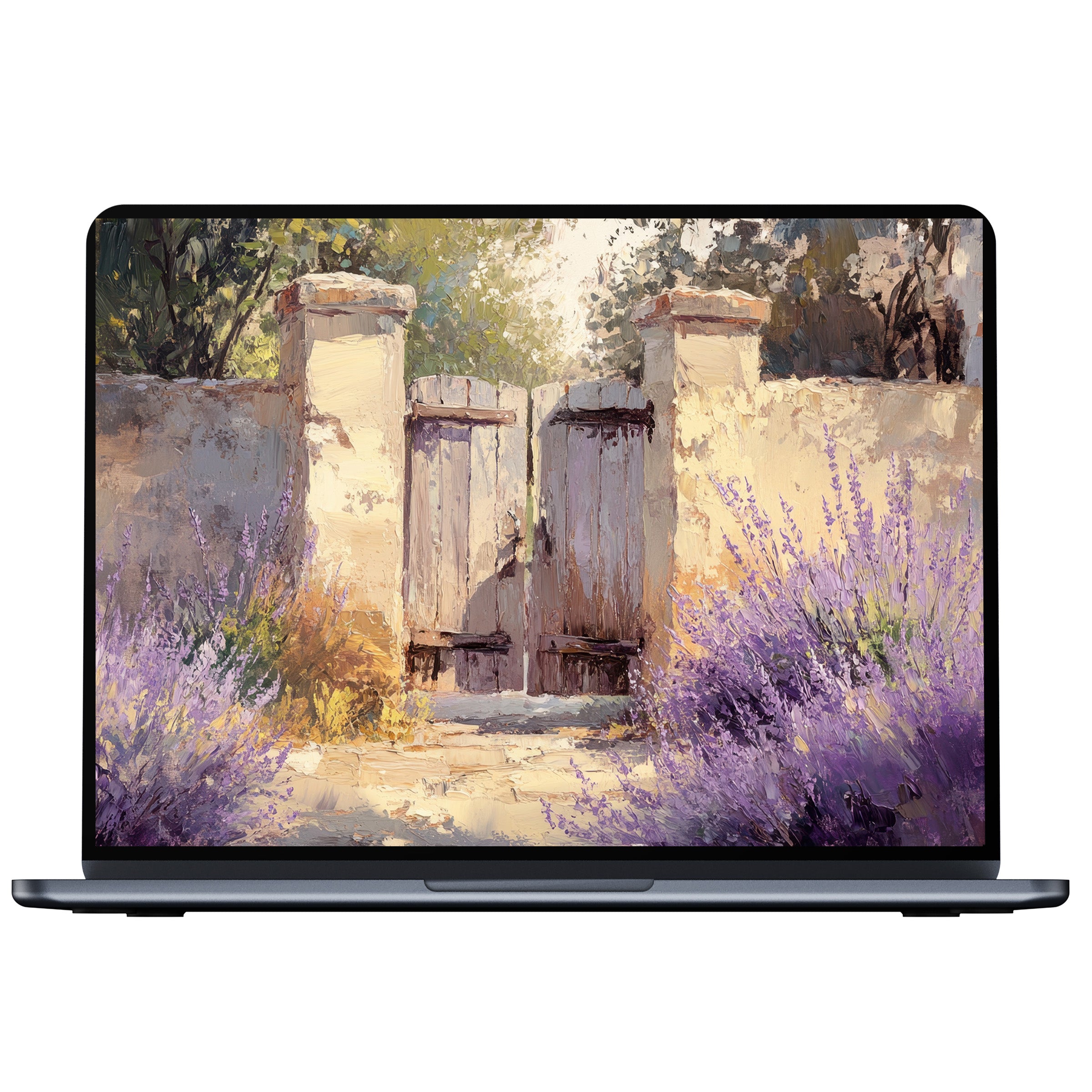Farmhouse desktop wallpaper digital download featuring rustic gate, lavender fields, and soft hues inspires calm for PC and laptop users