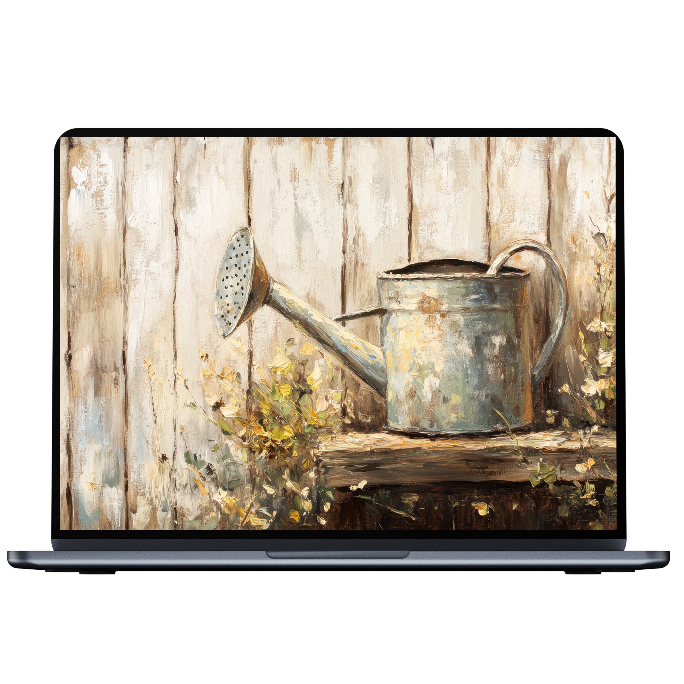 Rustic farmhouse desktop wallpaper with a vintage watering can by a weathered wood fence for PC and laptop digital download