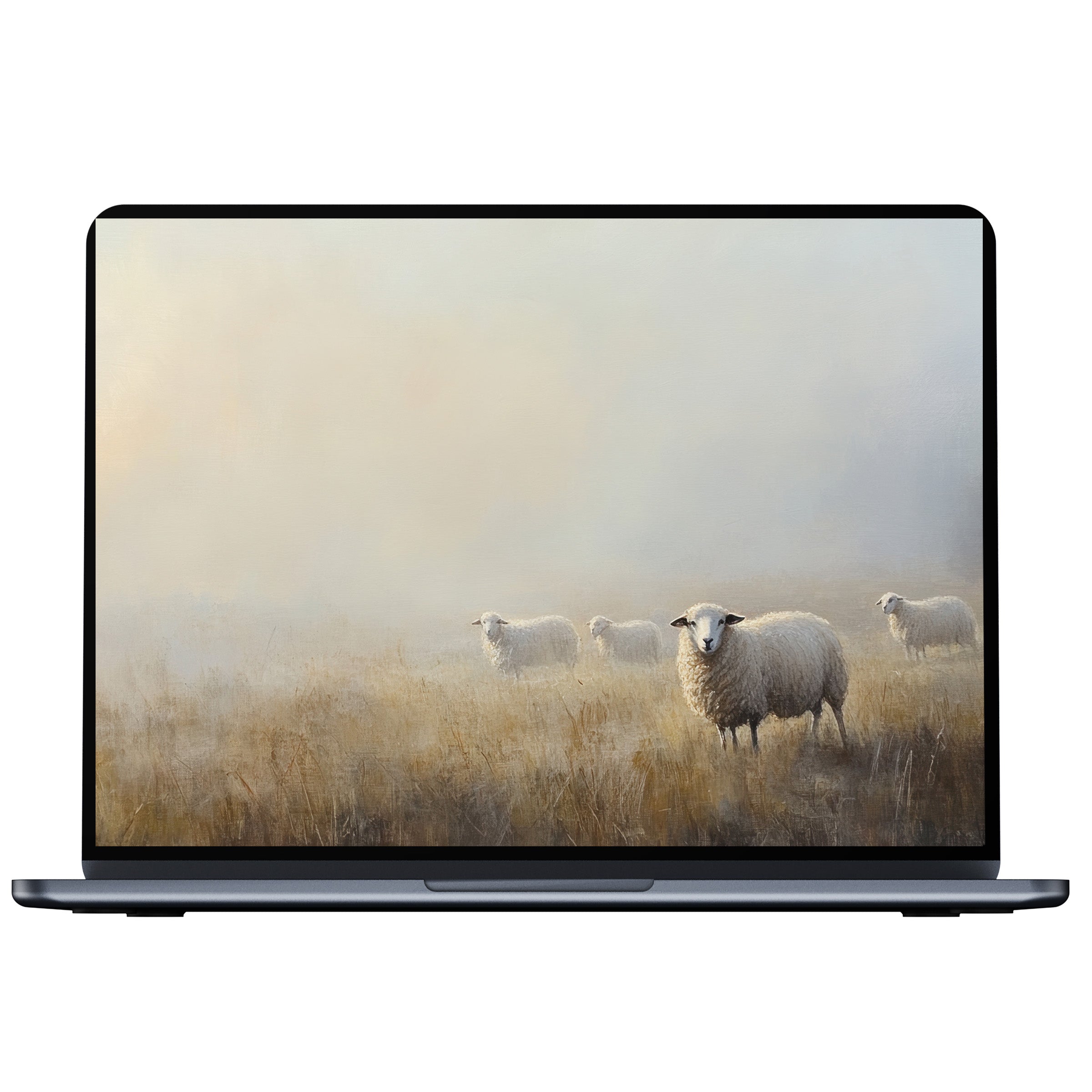Farmhouse desktop wallpaper digital download featuring serene sheep in a misty field perfect for PC and laptop elegance and inspiration