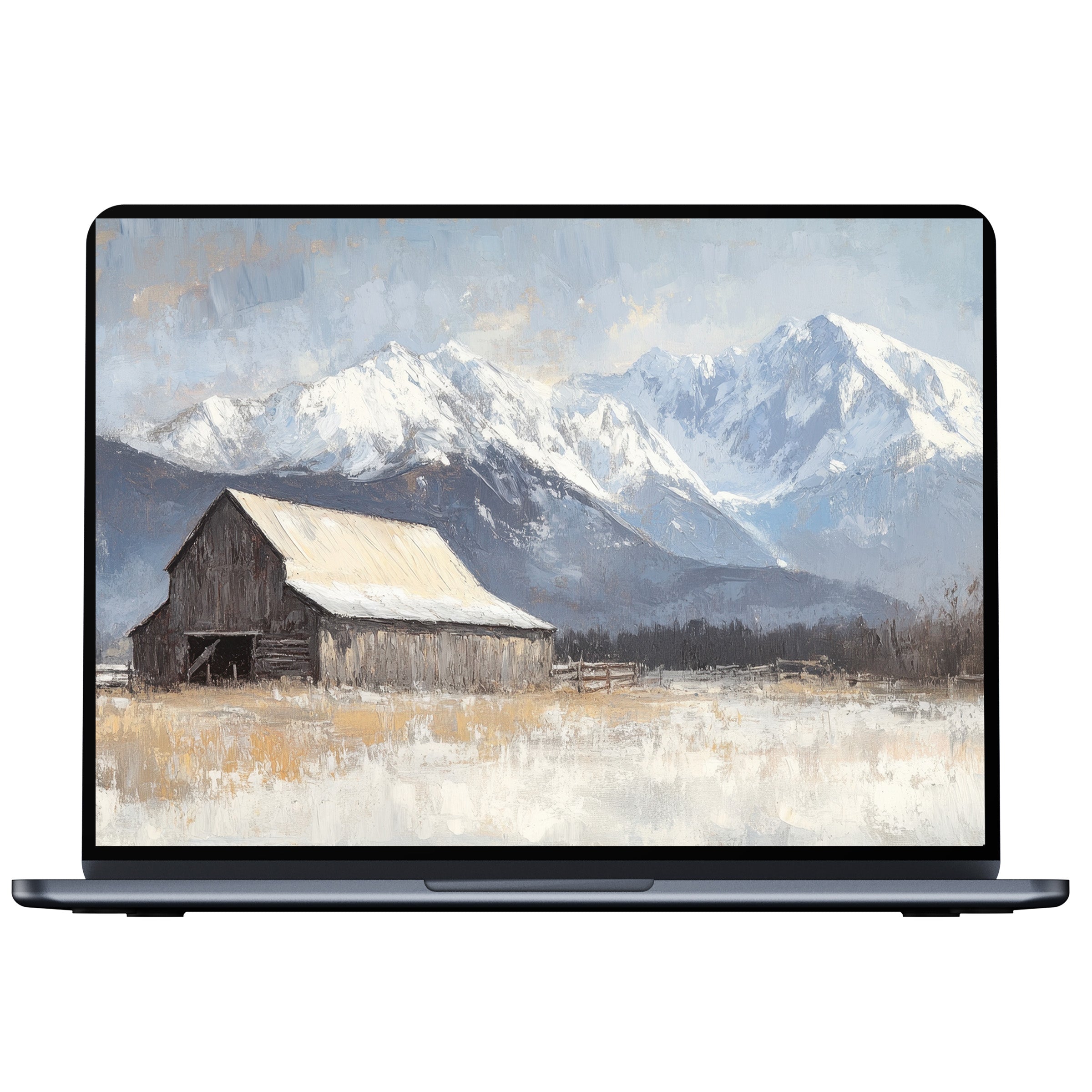 Farmhouse desktop wallpaper with serene snowy mountains and rustic barn in soft hues for PC and laptop digital download