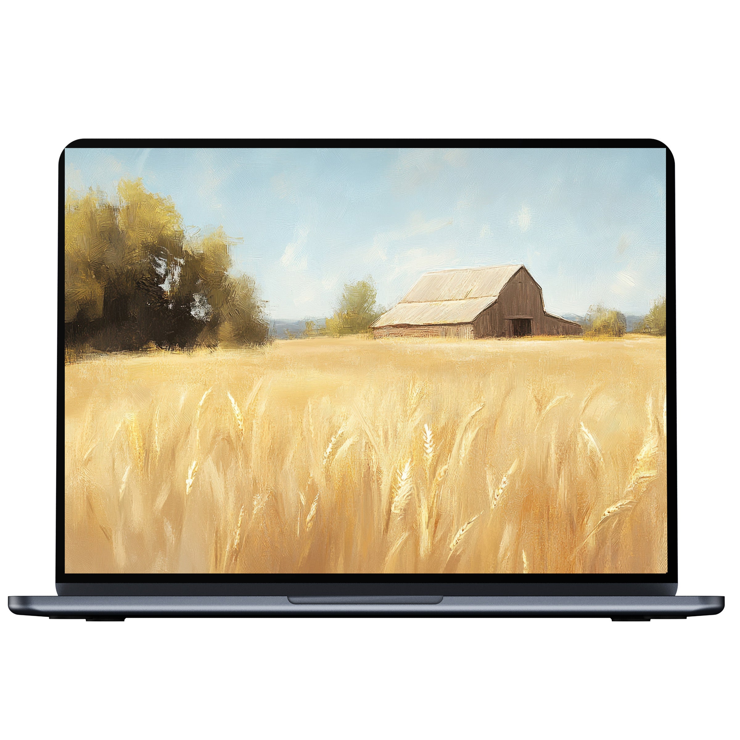 Farmhouse desktop wallpaper digital download showcases a serene golden field and rustic barn, perfect for PC or laptop elegance