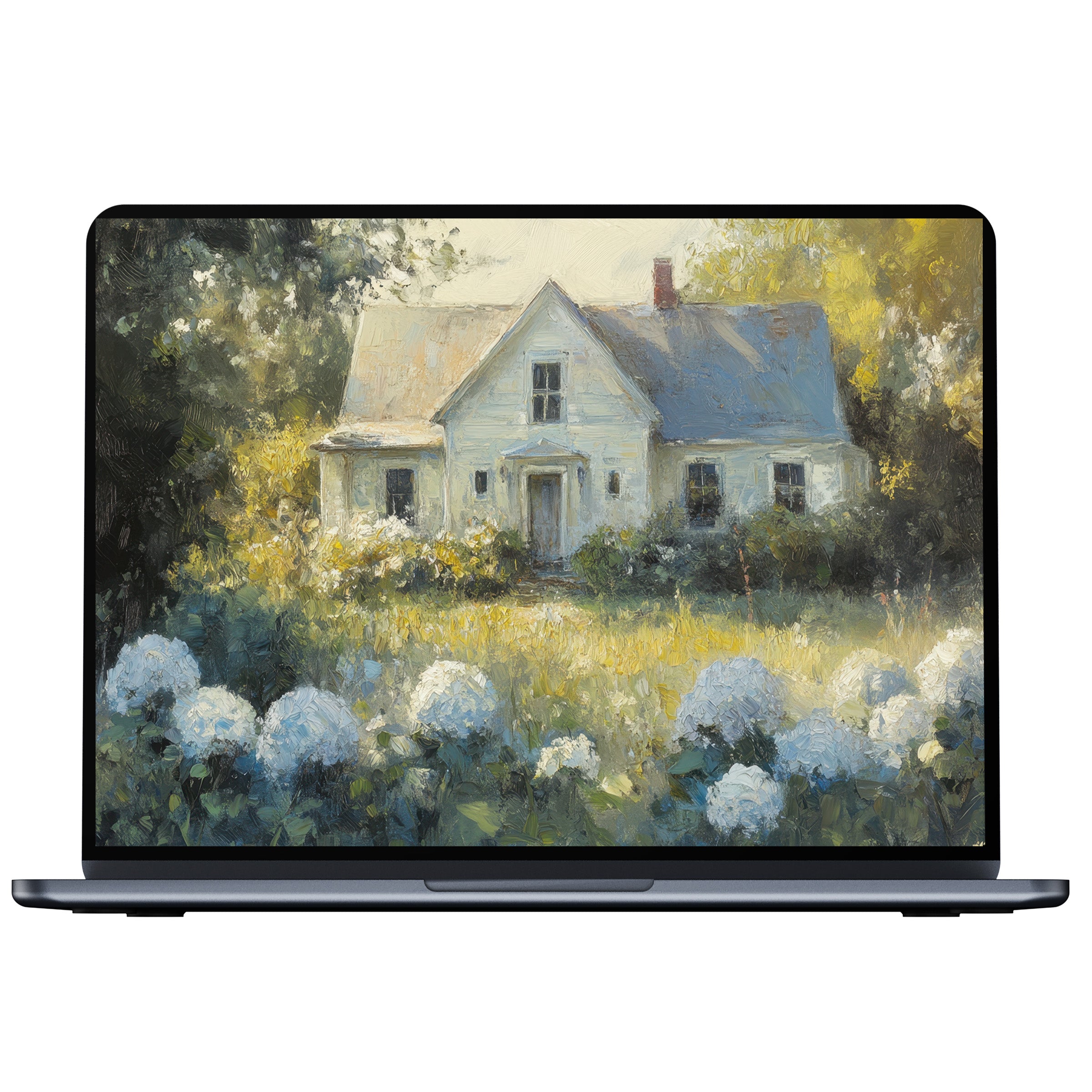 Farmhouse desktop wallpaper digital download captures a serene cottage and hydrangeas in soft hues perfect for PC or laptop