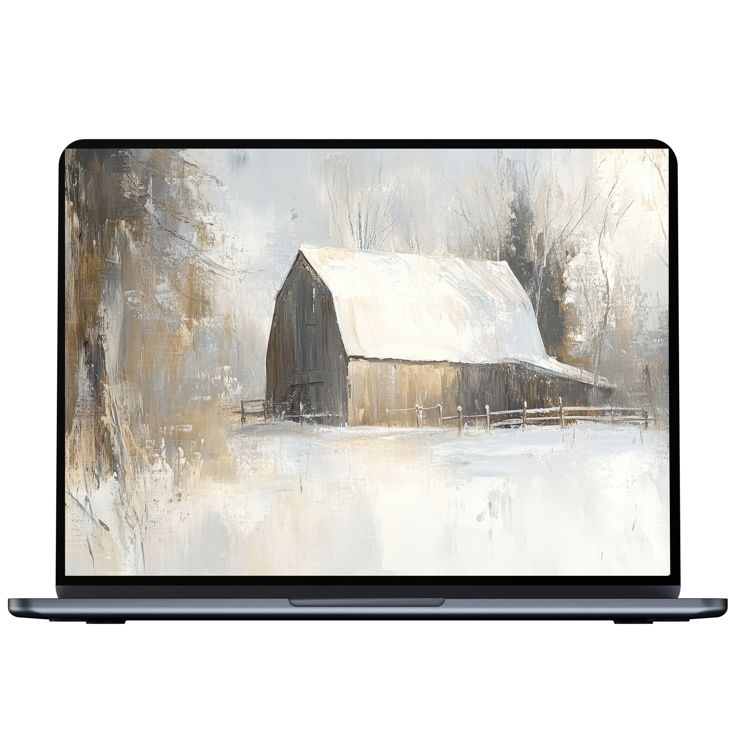 Farmhouse desktop wallpaper digital download features a serene snowy barn scene in muted tones for PC, laptop, and Mac users' inspiration