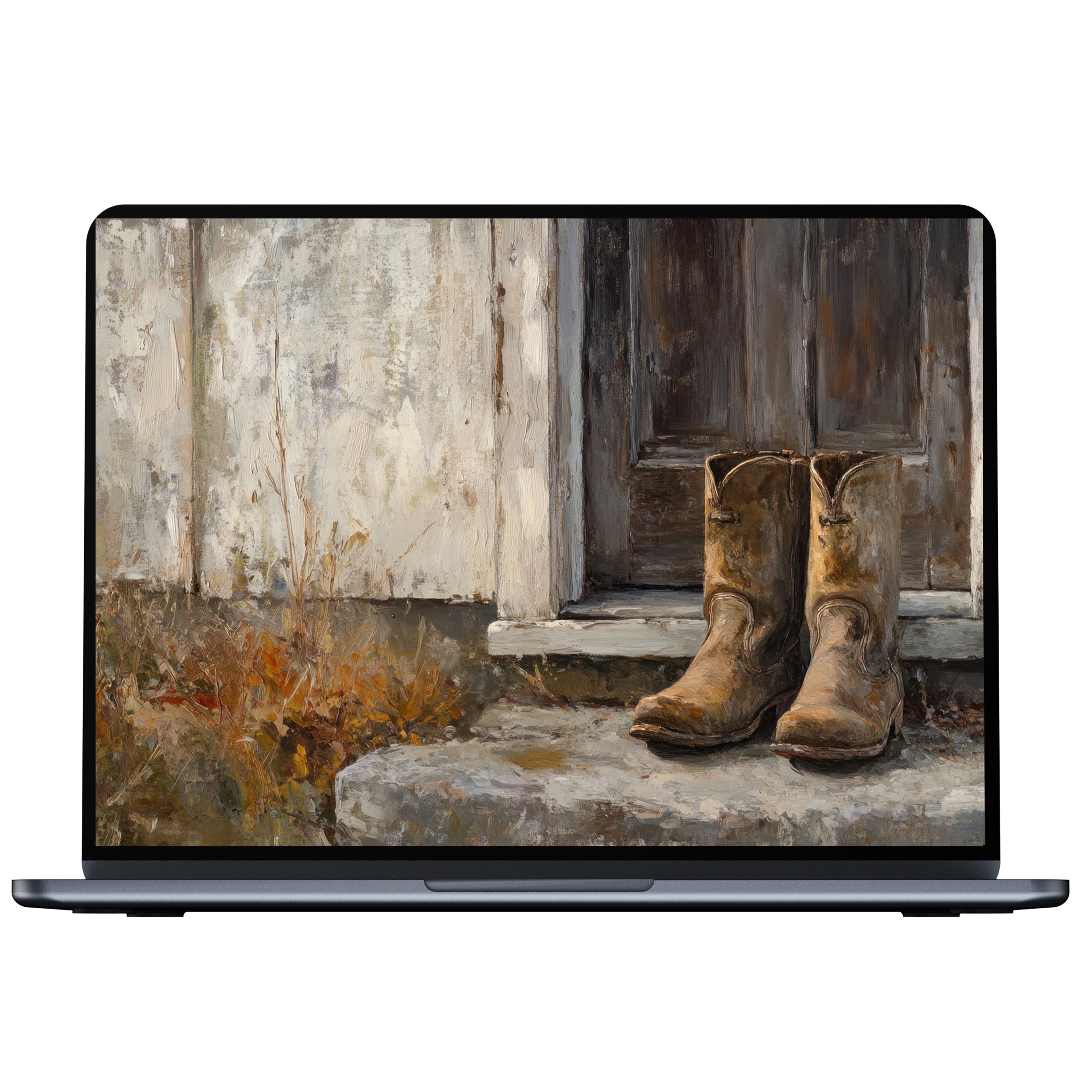 Farmhouse desktop wallpaper digital download featuring rustic boots by a weathered door, perfect for PC, Laptop, Mac users seeking inspiration