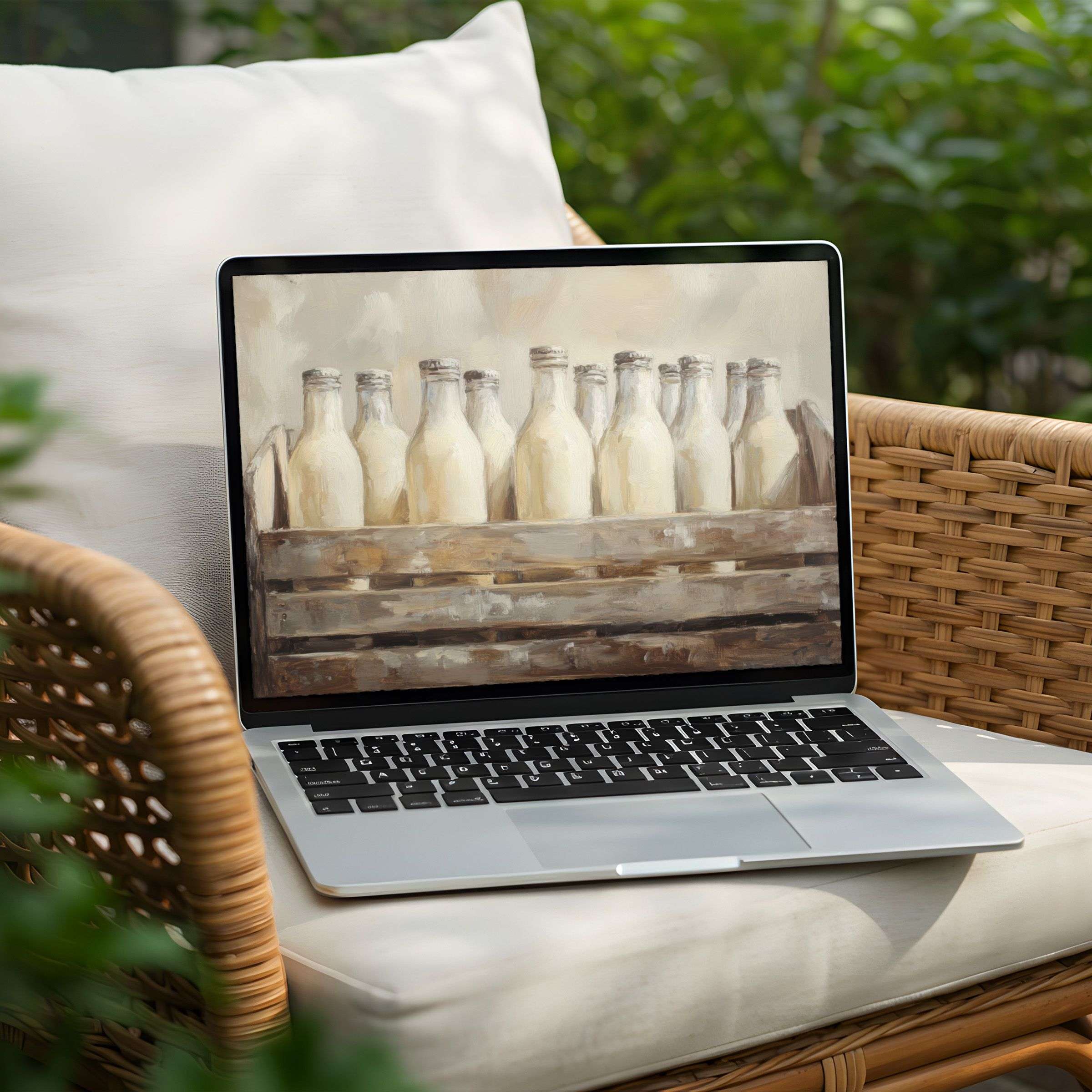 Elegant desktop background art of vintage milk bottles enhances PC or Laptop aesthetic with calming instant download serenity