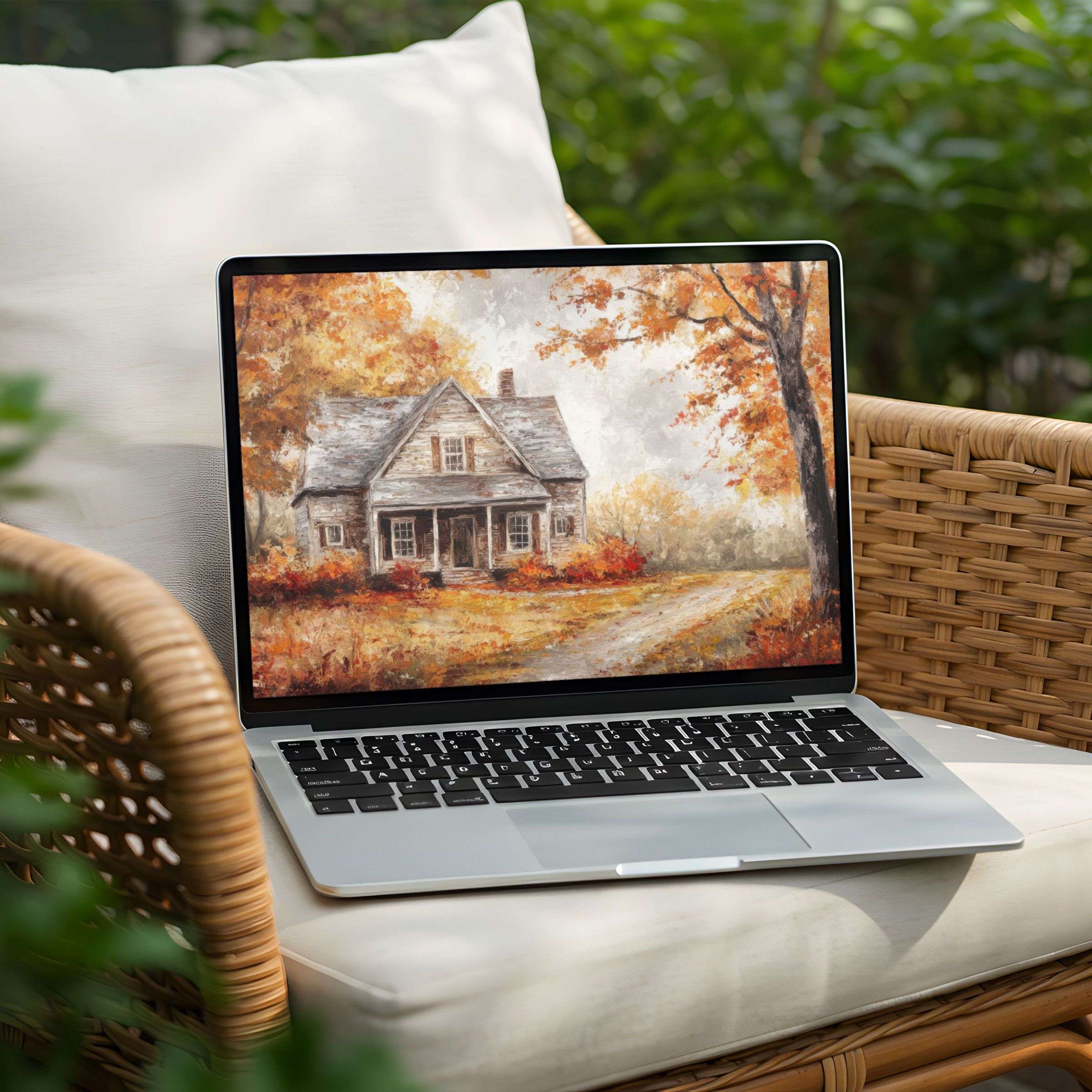 Charming fall cottage scene enhances your desktop background; instant download creates calm elegance on your PC or Laptop