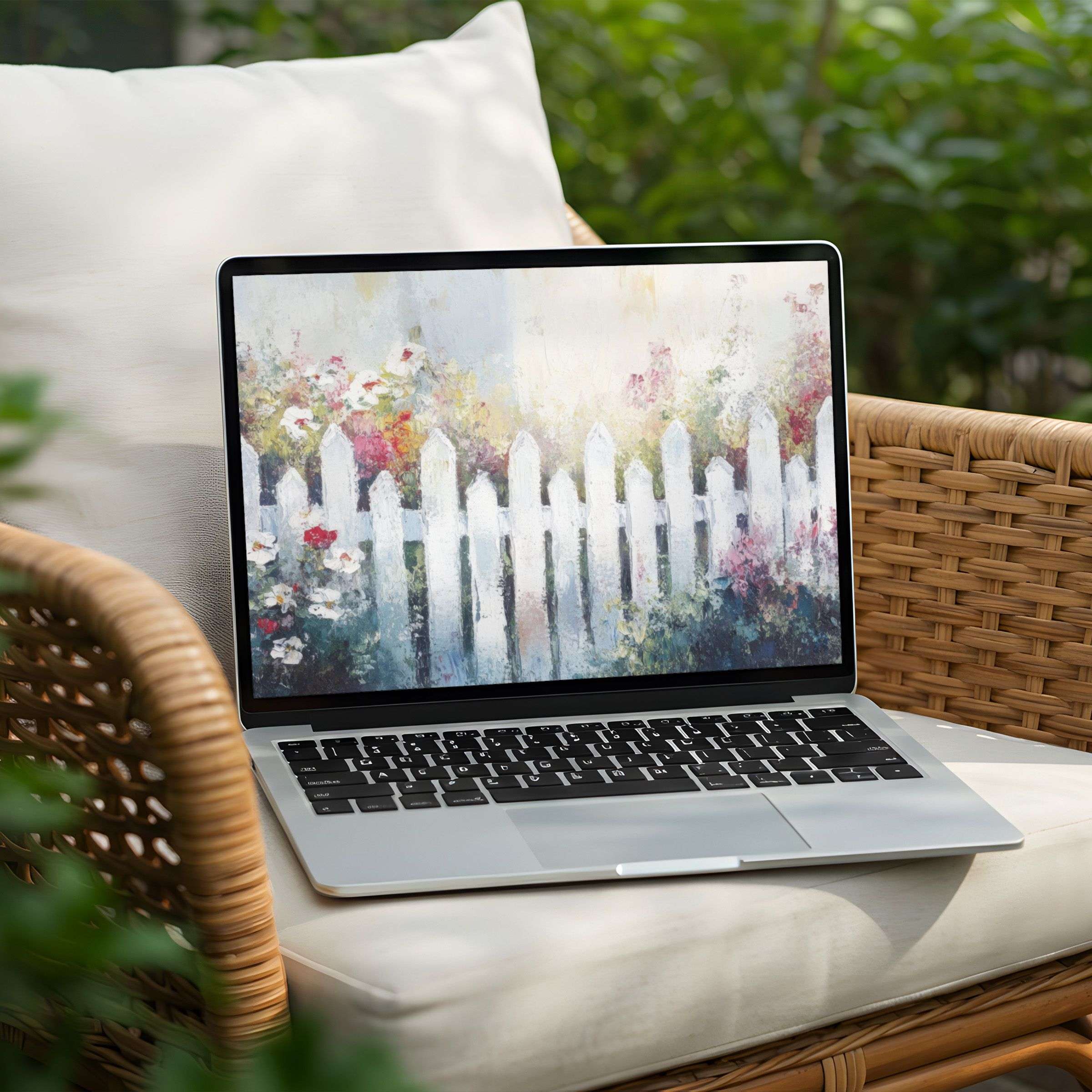 Elegant floral fence painting as a serene desktop background for PC and Laptop, instant download for mindful calm and beauty