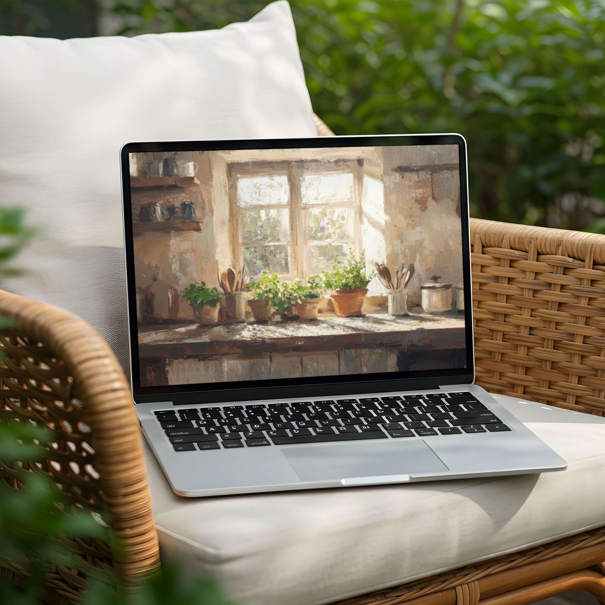 Elegant desktop background for PC or Laptop featuring a sunlit rustic window scene, available as an instant download for calm inspiration