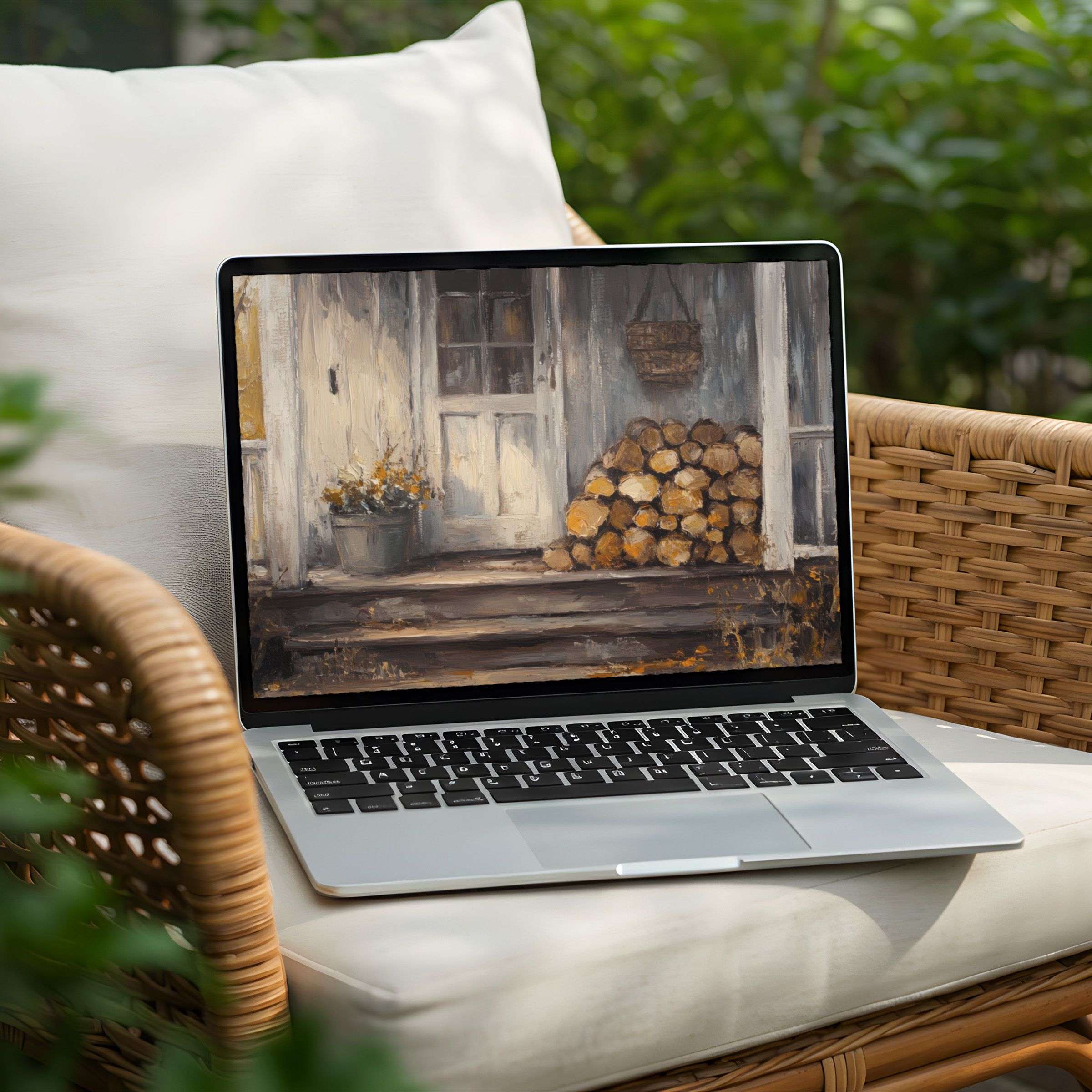 Elegant rustic porch digital art for PC and Laptop desktop background instant download inspires calm and mindfulness