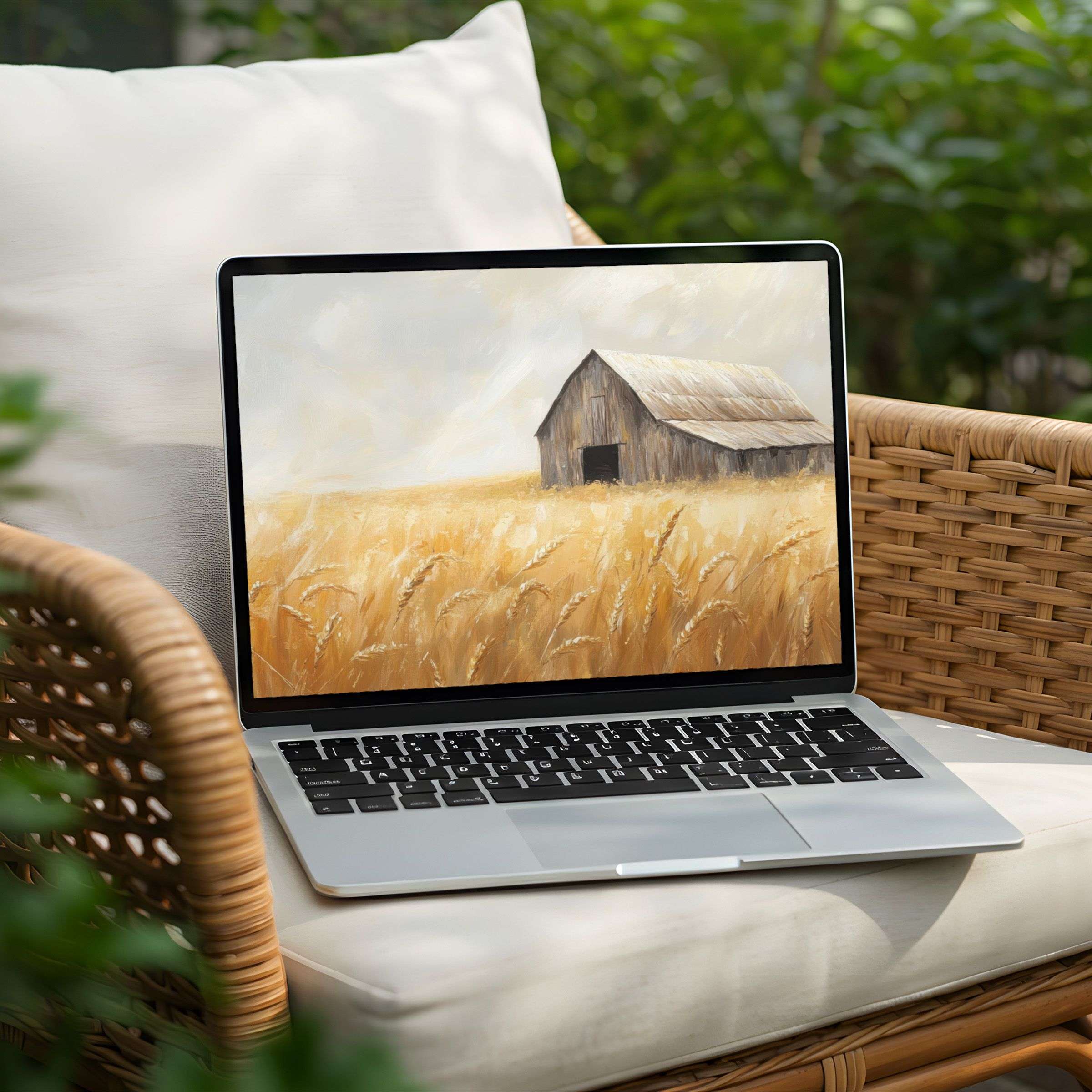 Serene wheat field painting as a desktop background on a PC, available for instant download, inspires calm on your Laptop