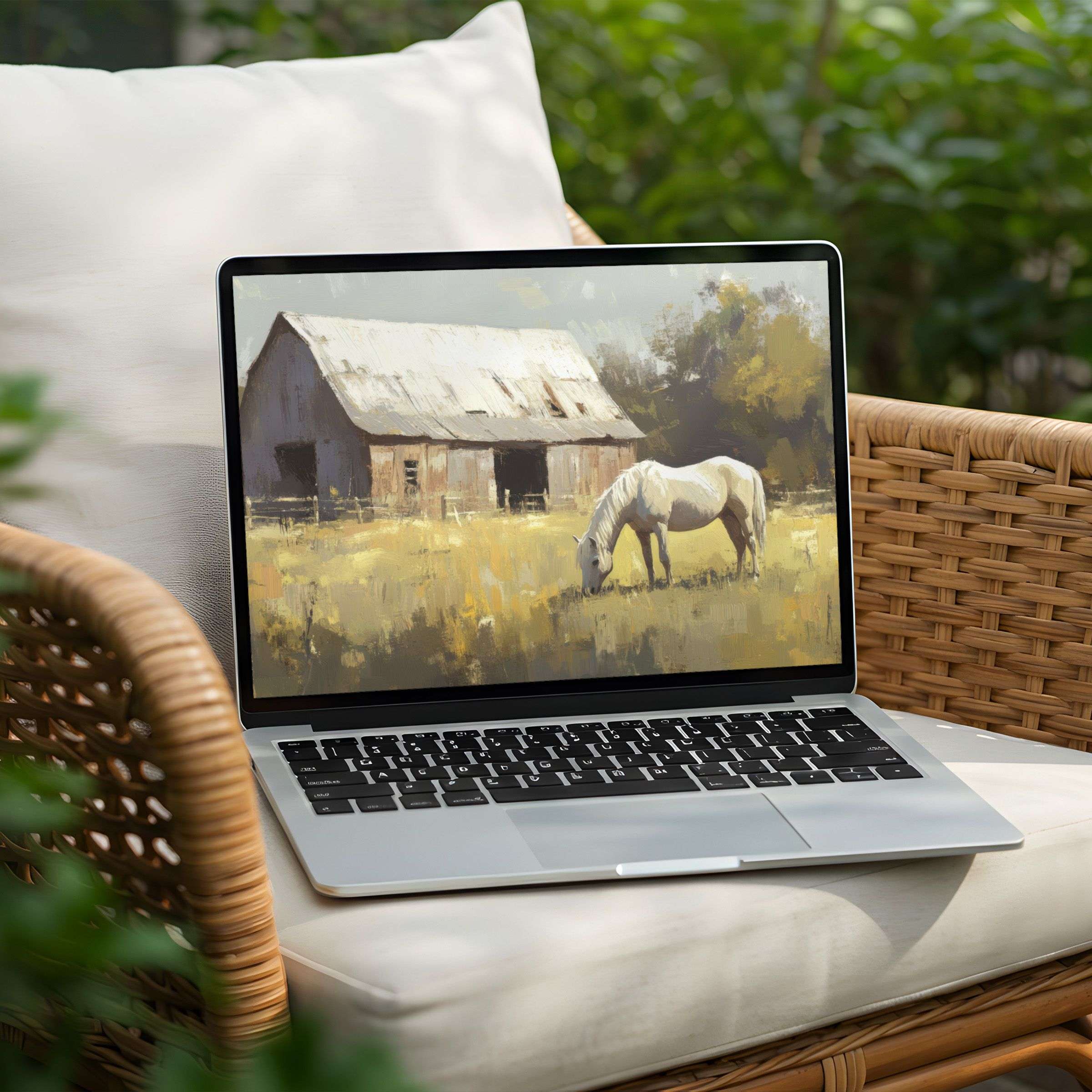 Serene artistic desktop background for instant download on PC or laptop featuring a tranquil barn scene with a grazing horse
