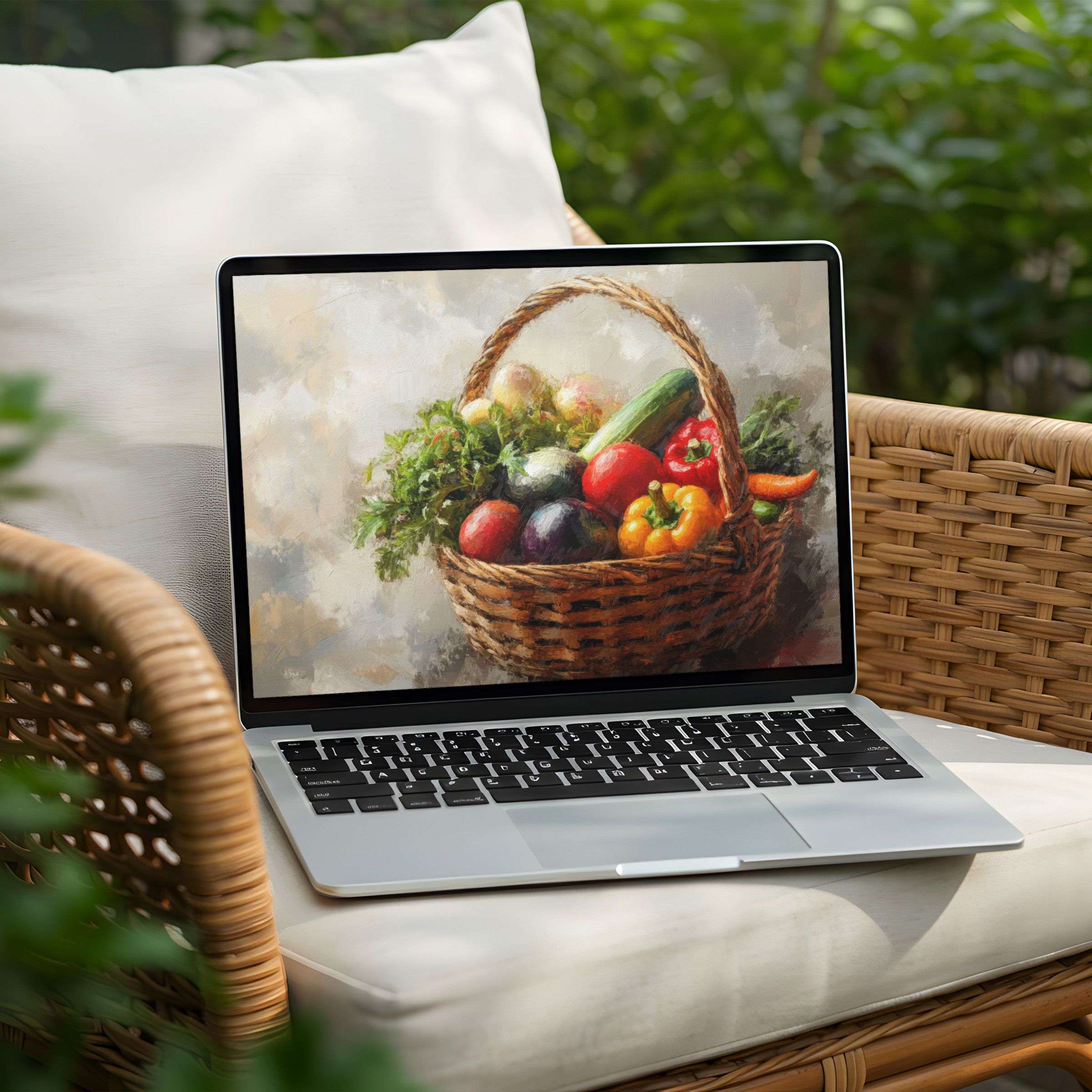 Elegant desktop background for PC and Laptop with serene fruit basket art offers instant download to inspire calm and mindfulness