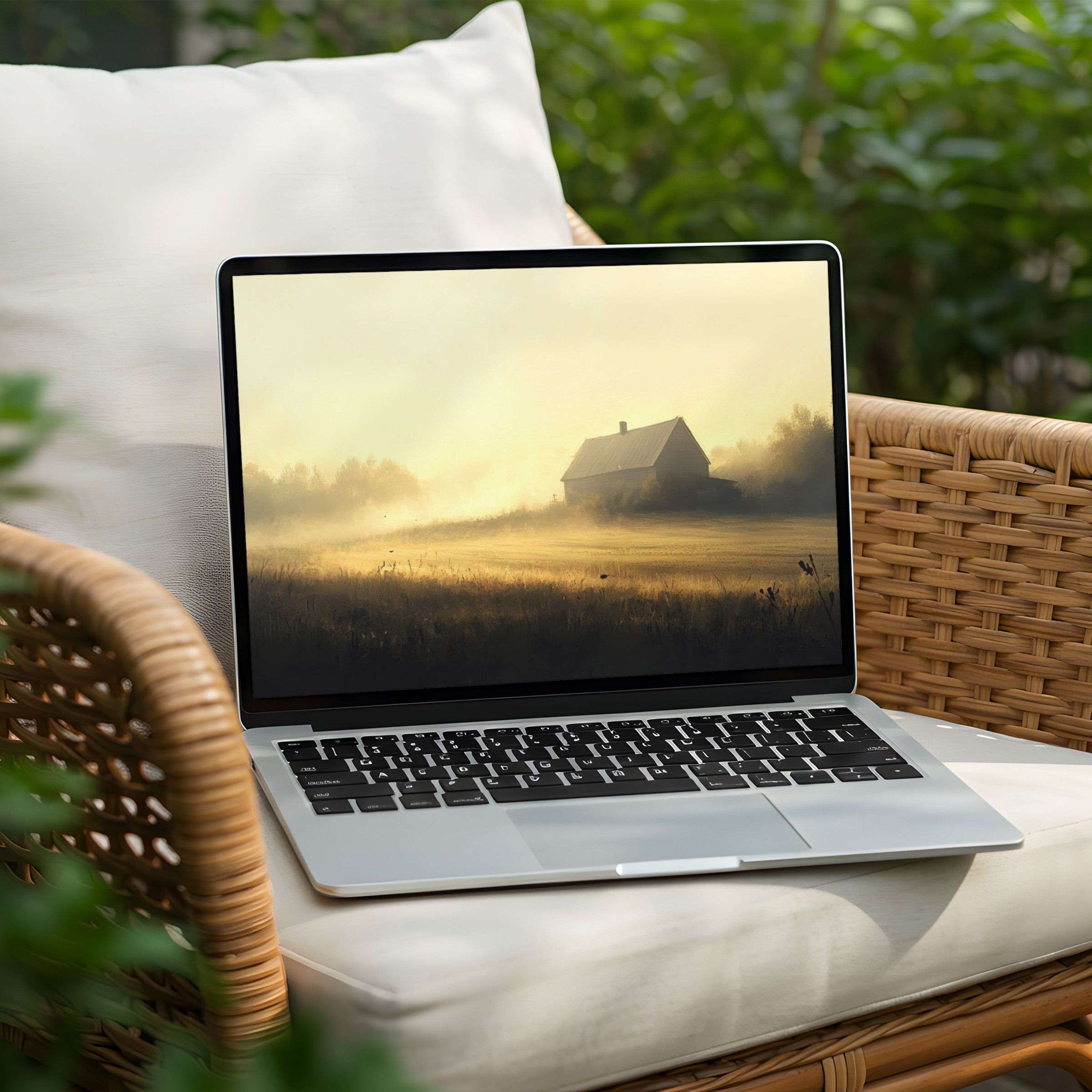 Serene desktop background for laptop or PC instant download featuring a tranquil sunrise over a misty field inspiring mindfulness